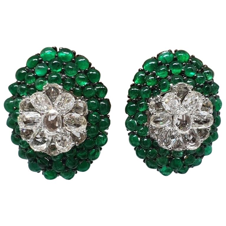 18 Karat White Gold, Rose Cut Diamond and Emerald Cabochon Bead Ear Studs