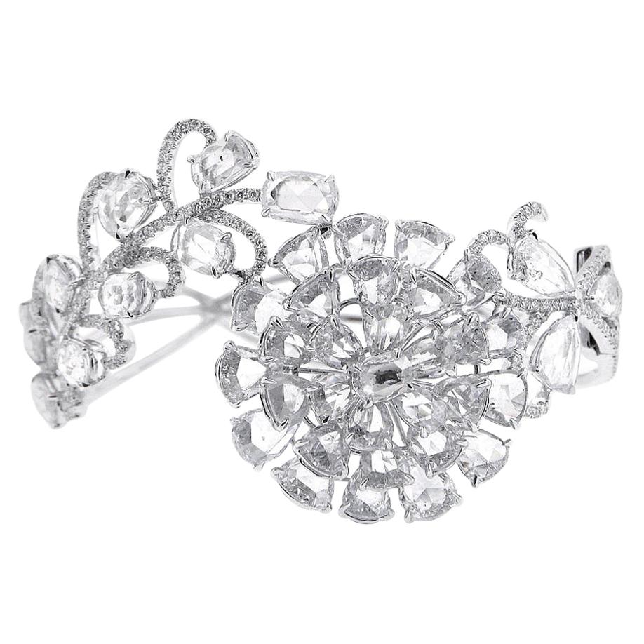 18 Karat White Gold Rose Cut Diamond Flower Bangle For Sale