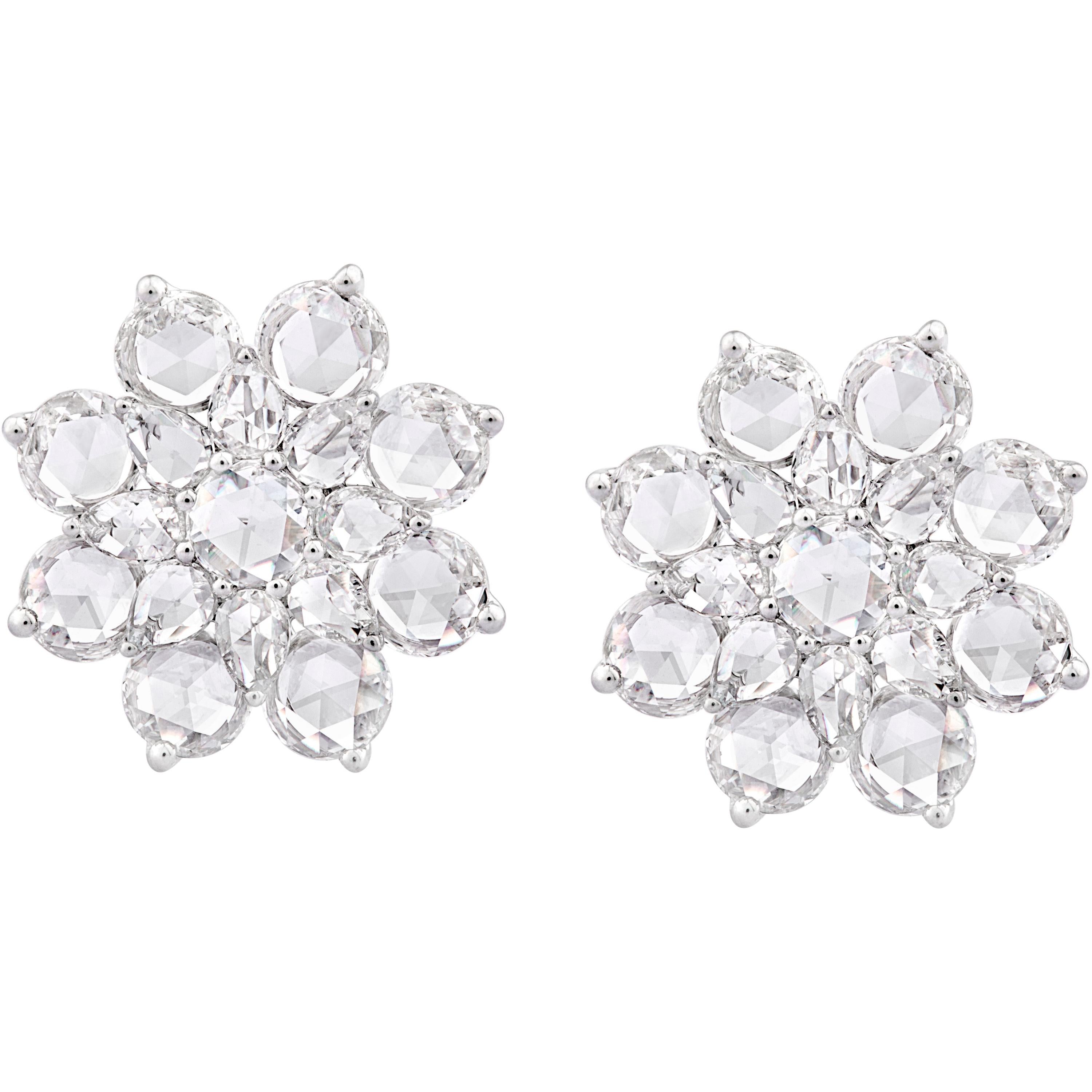 Rarever 18K White Gold Rose Cut Diamond Flower Cluster Studs 5.42cts Earrings