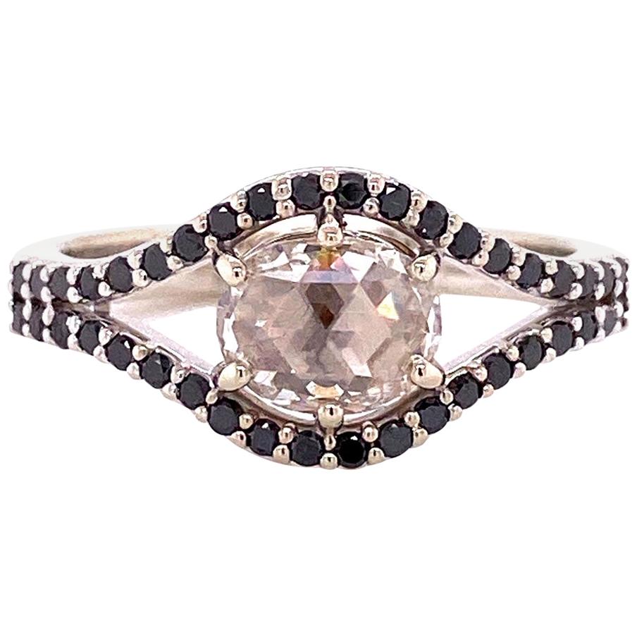18 Karat White Gold Rose Cut Diamond Ring with Black Diamonds