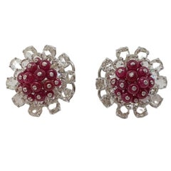18 Karat White Gold, Rose Cut Diamond and Ruby Bead Ear Studs
