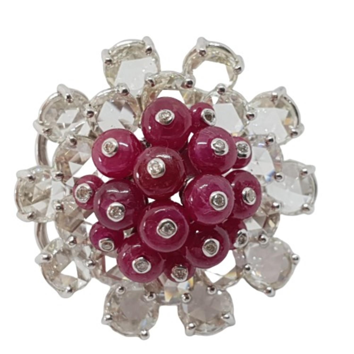 18 Karat White Gold, Rose Cut Diamond and Ruby Bead Ear Studs In New Condition In MUMBAI, IN