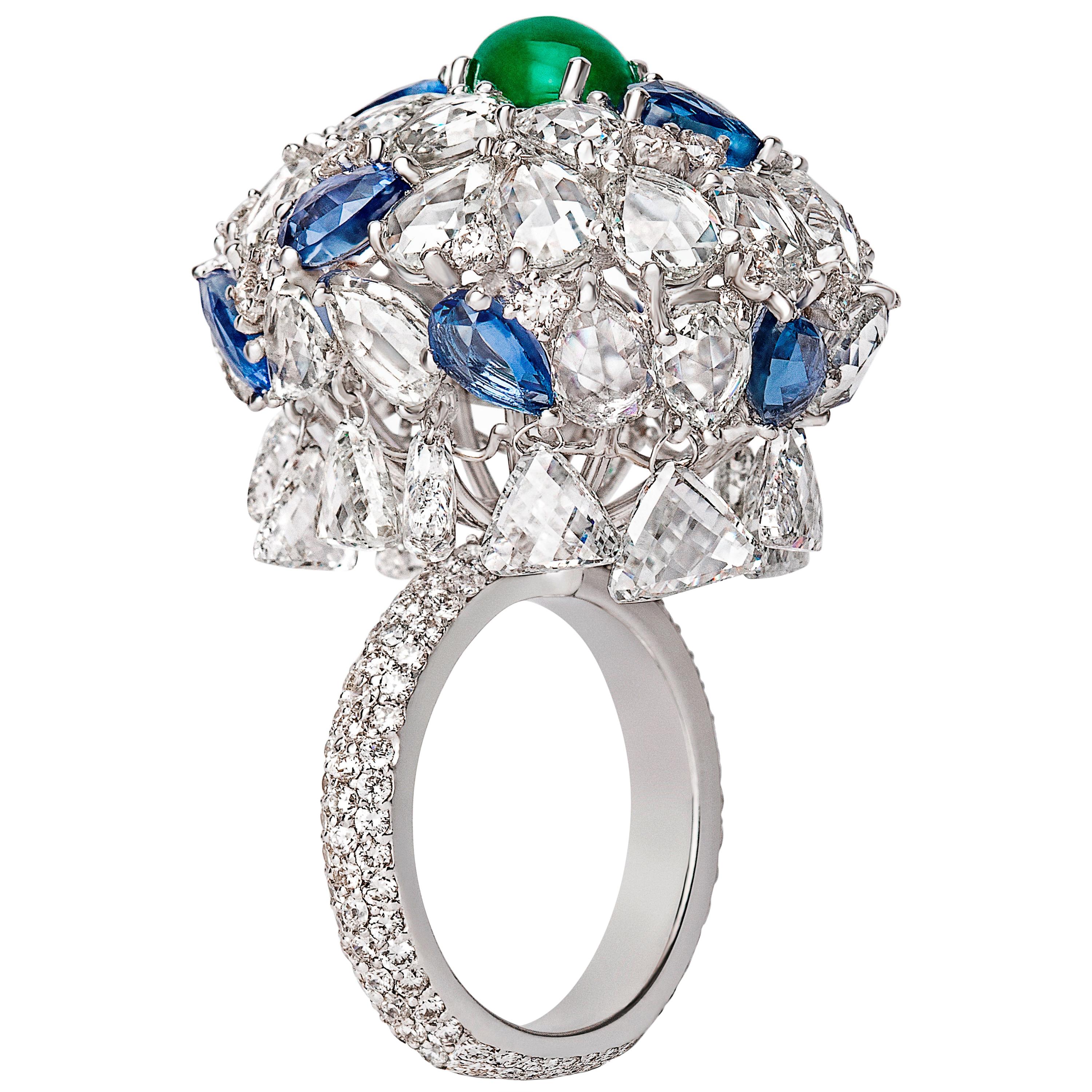 18 Karat White Gold, Rose Cut, Emerald and Sapphire Cocktail Ring For Sale