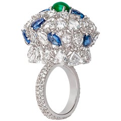 18 Karat White Gold, Rose Cut, Emerald and Sapphire Cocktail Ring