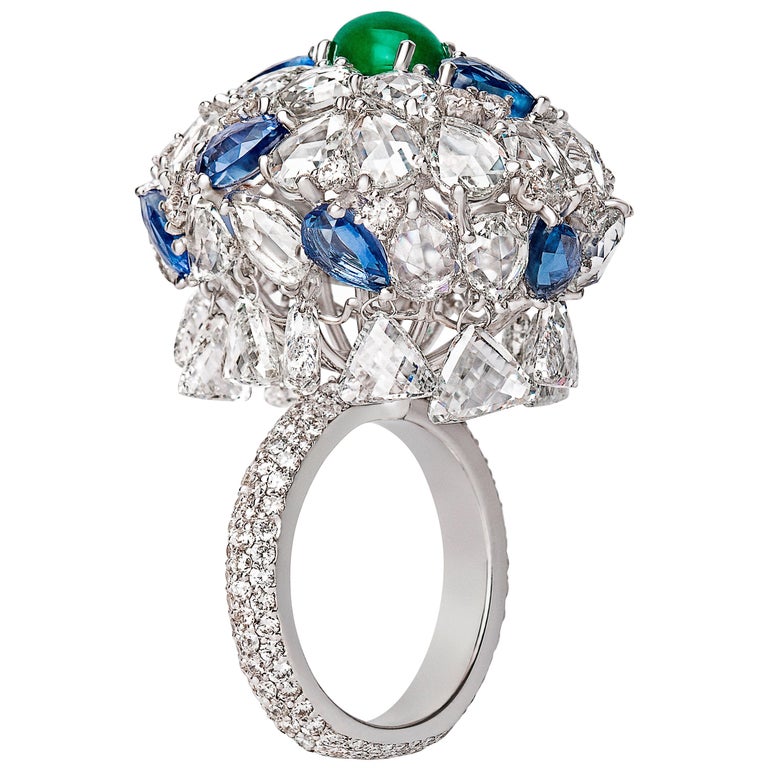 18 Karat White Gold, Rose Cut, Emerald and Sapphire Cocktail Ring For ...