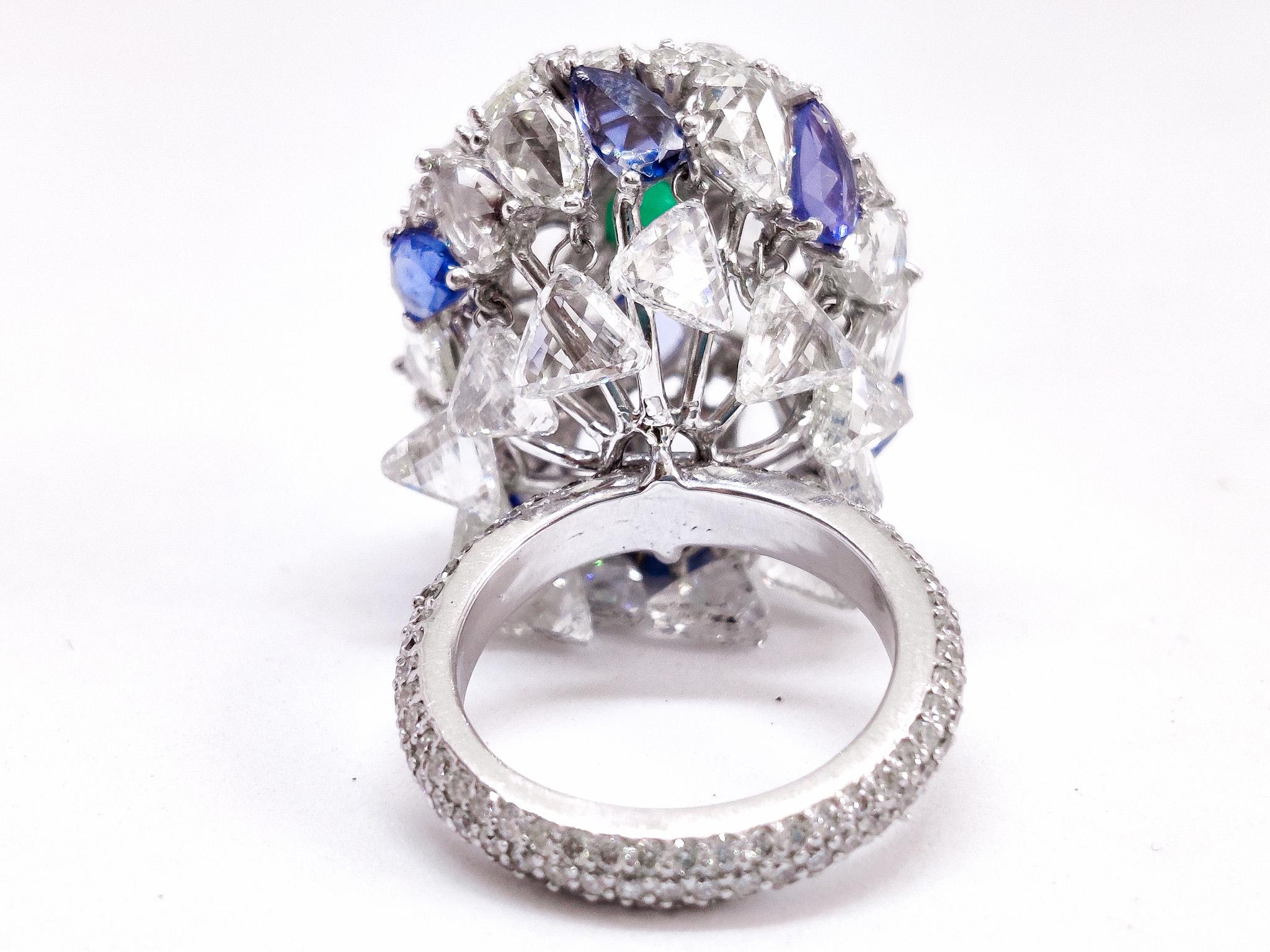 18 Karat White Gold, Rose Cut, Emerald and Sapphire Cocktail Ring For Sale 1