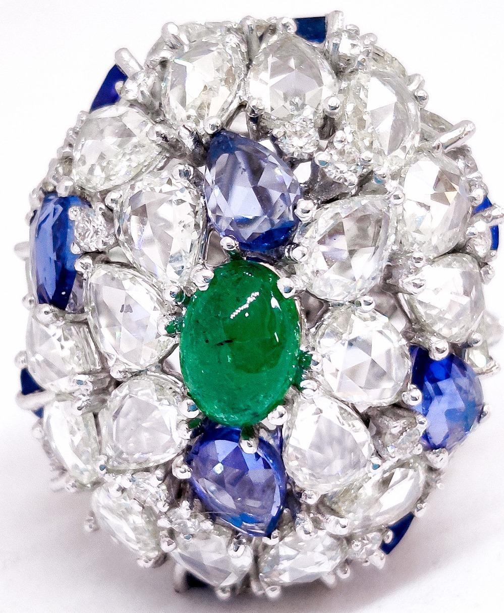 18 Karat White Gold, Rose Cut, Emerald and Sapphire Cocktail Ring For Sale 3