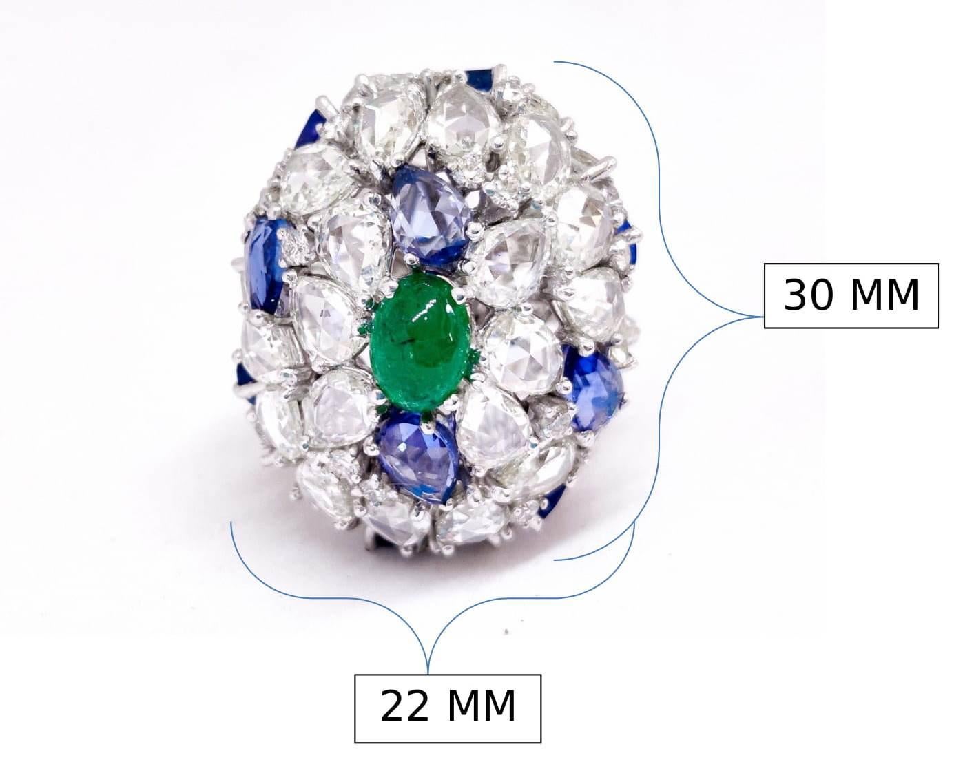 18 Karat White Gold, Rose Cut, Emerald and Sapphire Cocktail Ring For Sale 4