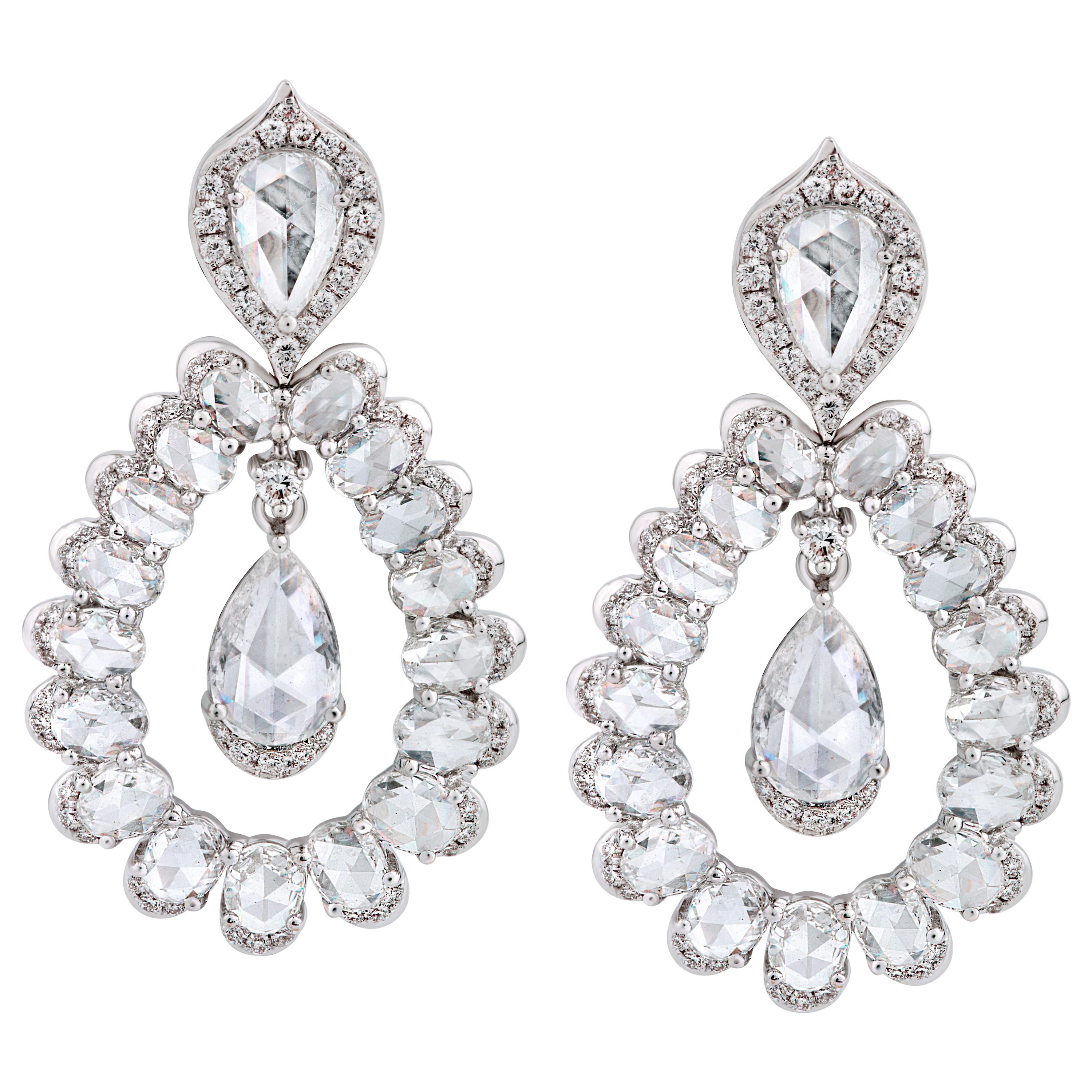 Rarever 18K White Gold Rose Cut Pear Diamond Drop Earrings 5.11cts Earrings