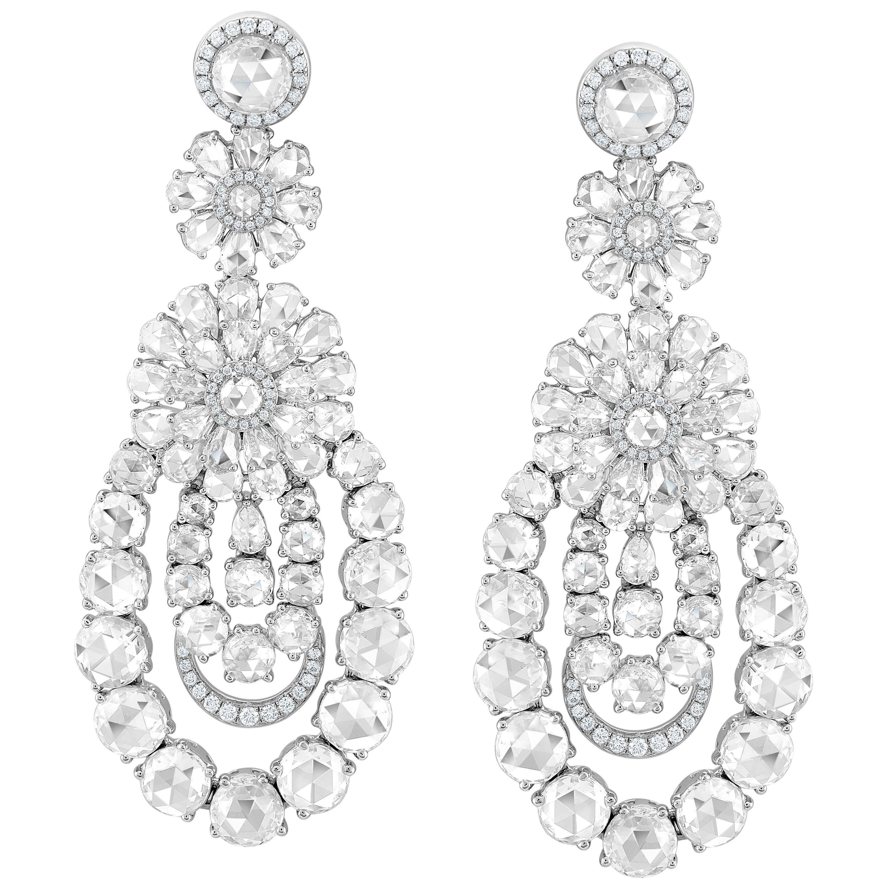 18k White Gold Rose Cut 10.64ct Diamond Chandelier Earrings