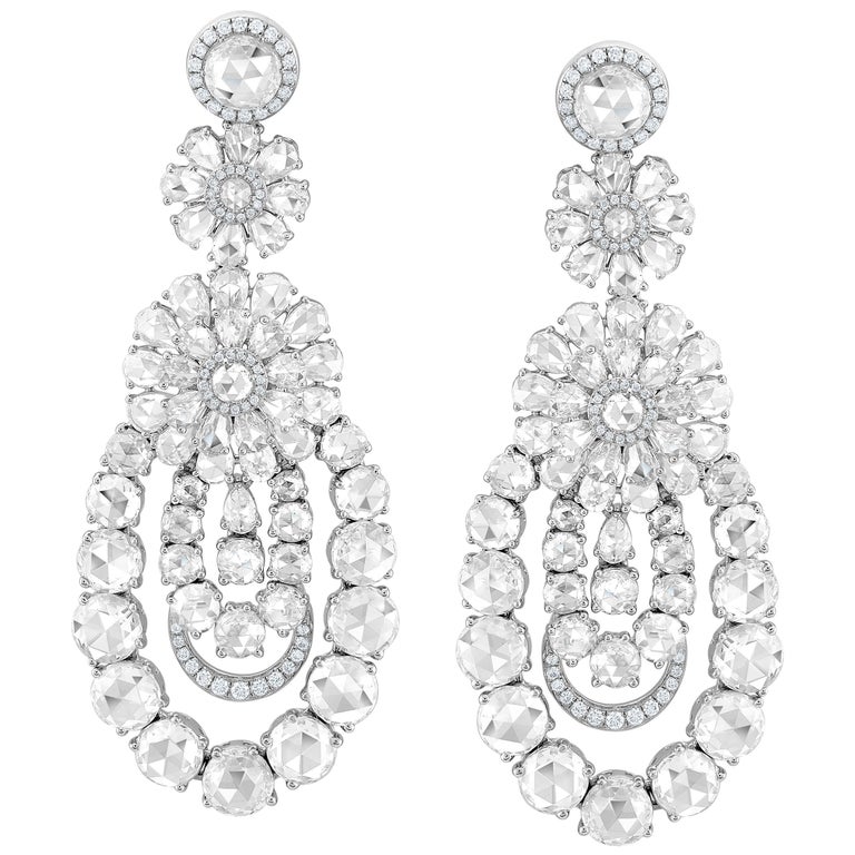 18k White Gold Rose Cut 10.64ct Diamond Chandelier Earrings For Sale at ...