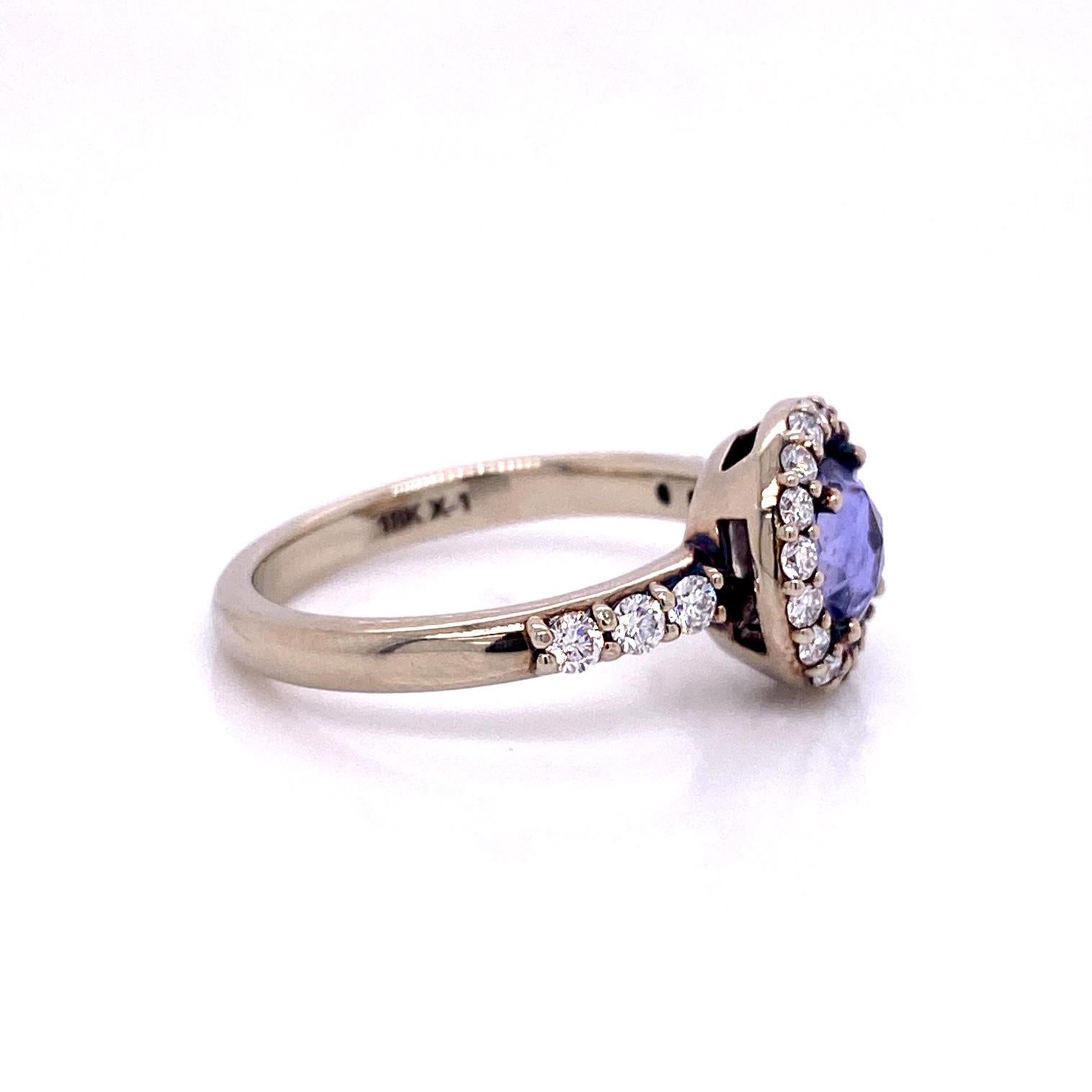 Contemporary 18 Karat White Gold Rose Cut Purple Sapphire Ring with a Diamond Halo