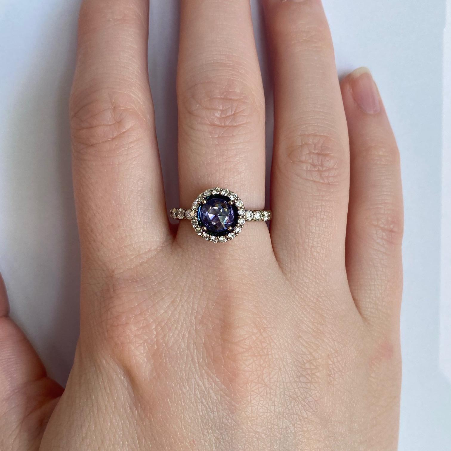 18 Karat White Gold Rose Cut Purple Sapphire Ring with a Diamond Halo In New Condition In Greenville, SC