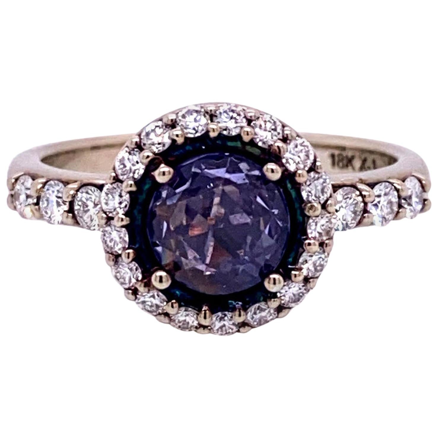 18 Karat White Gold Rose Cut Purple Sapphire Ring with a Diamond Halo