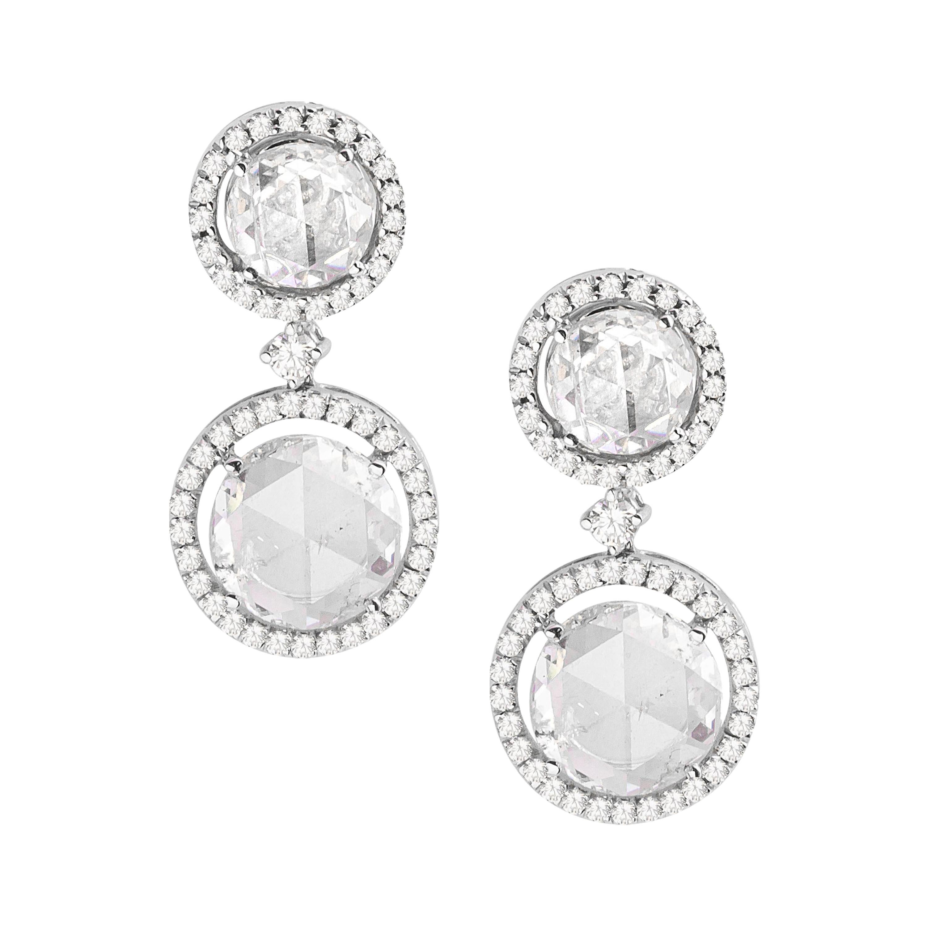 18 Karat White Gold Rose Cut Solitaire Diamond Earrings For Sale