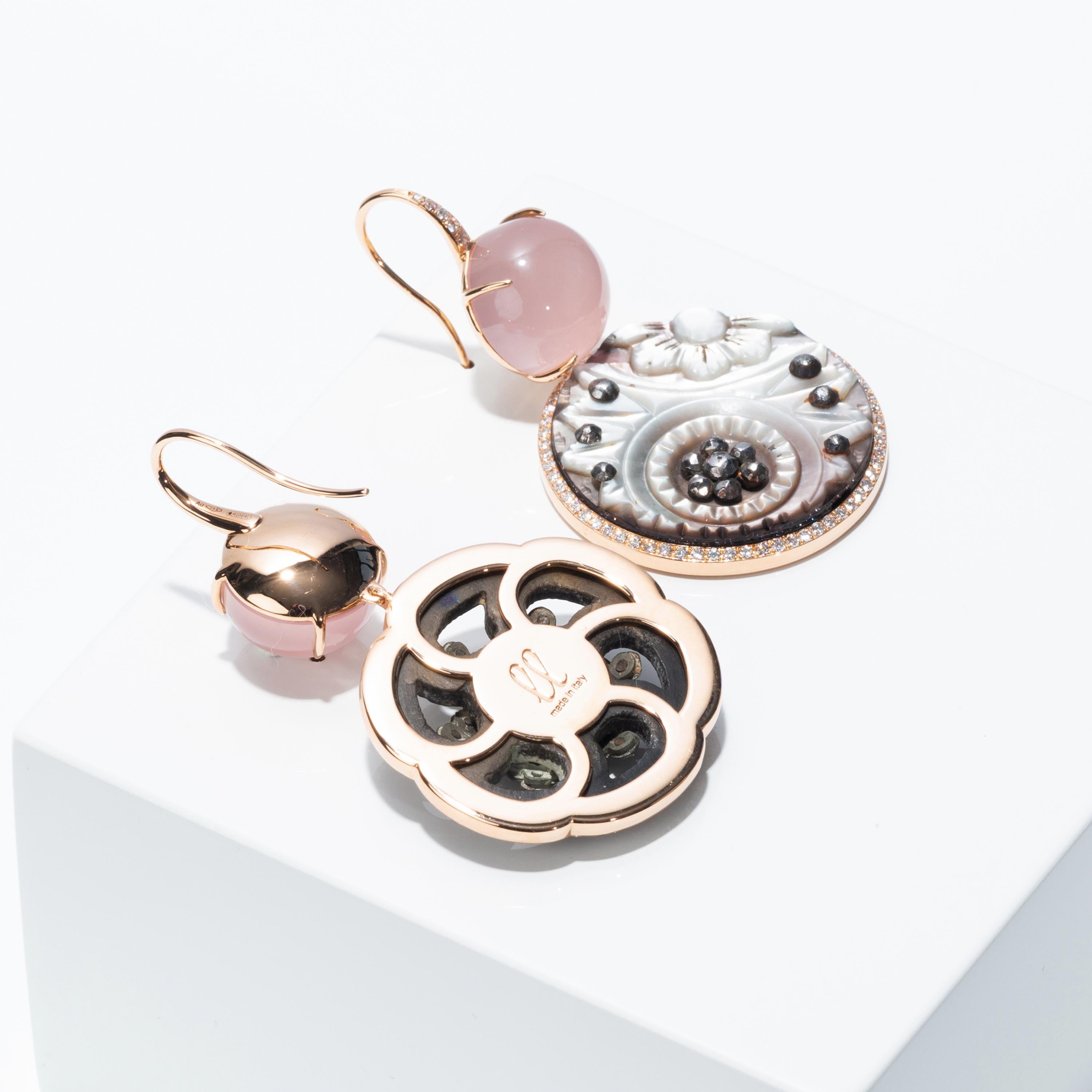 Contemporary Francesca Villa's Asymmetric 18k Gold Quartz Diamond Button Chic Pink Earrings For Sale