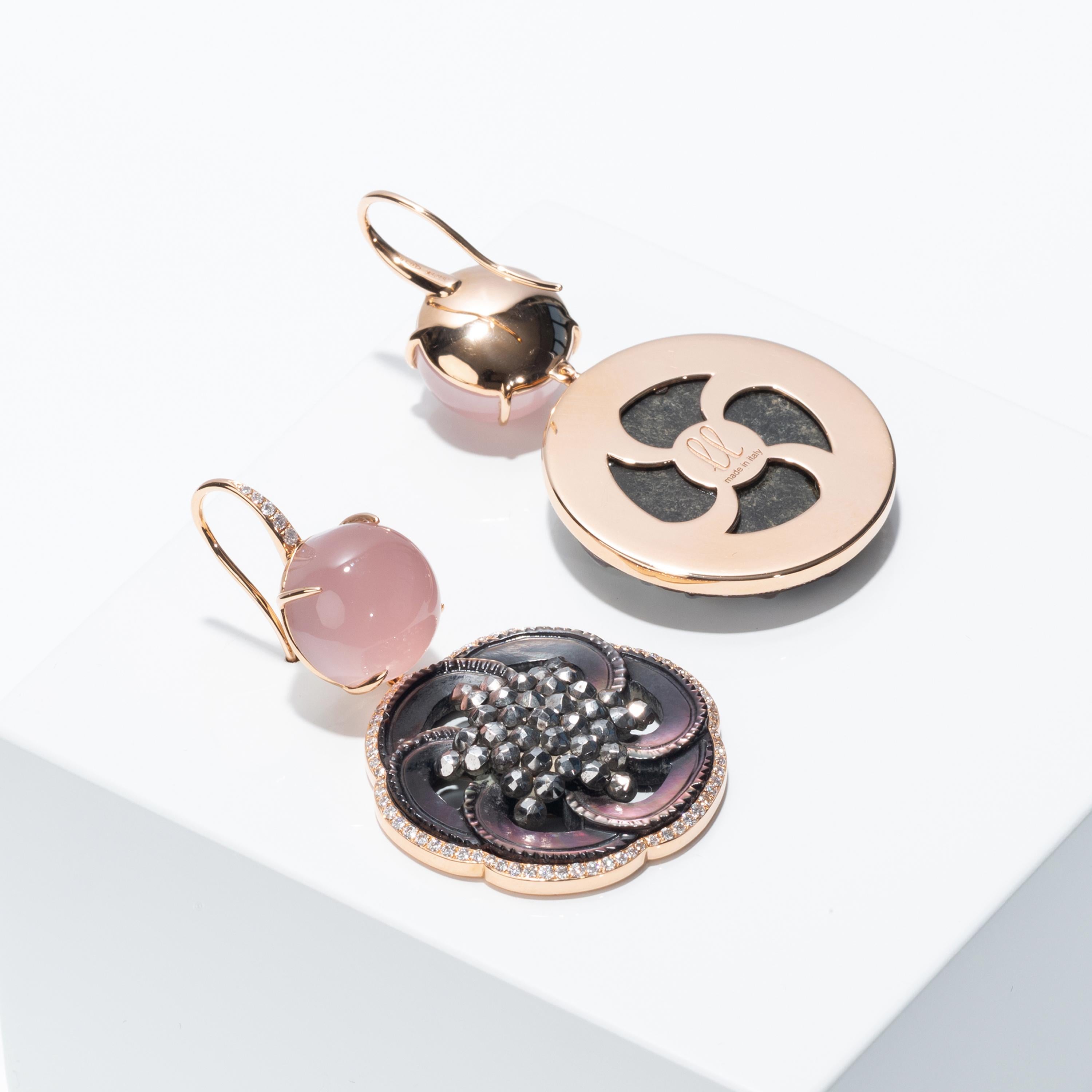 Cabochon Francesca Villa's Asymmetric 18k Gold Quartz Diamond Button Chic Pink Earrings For Sale