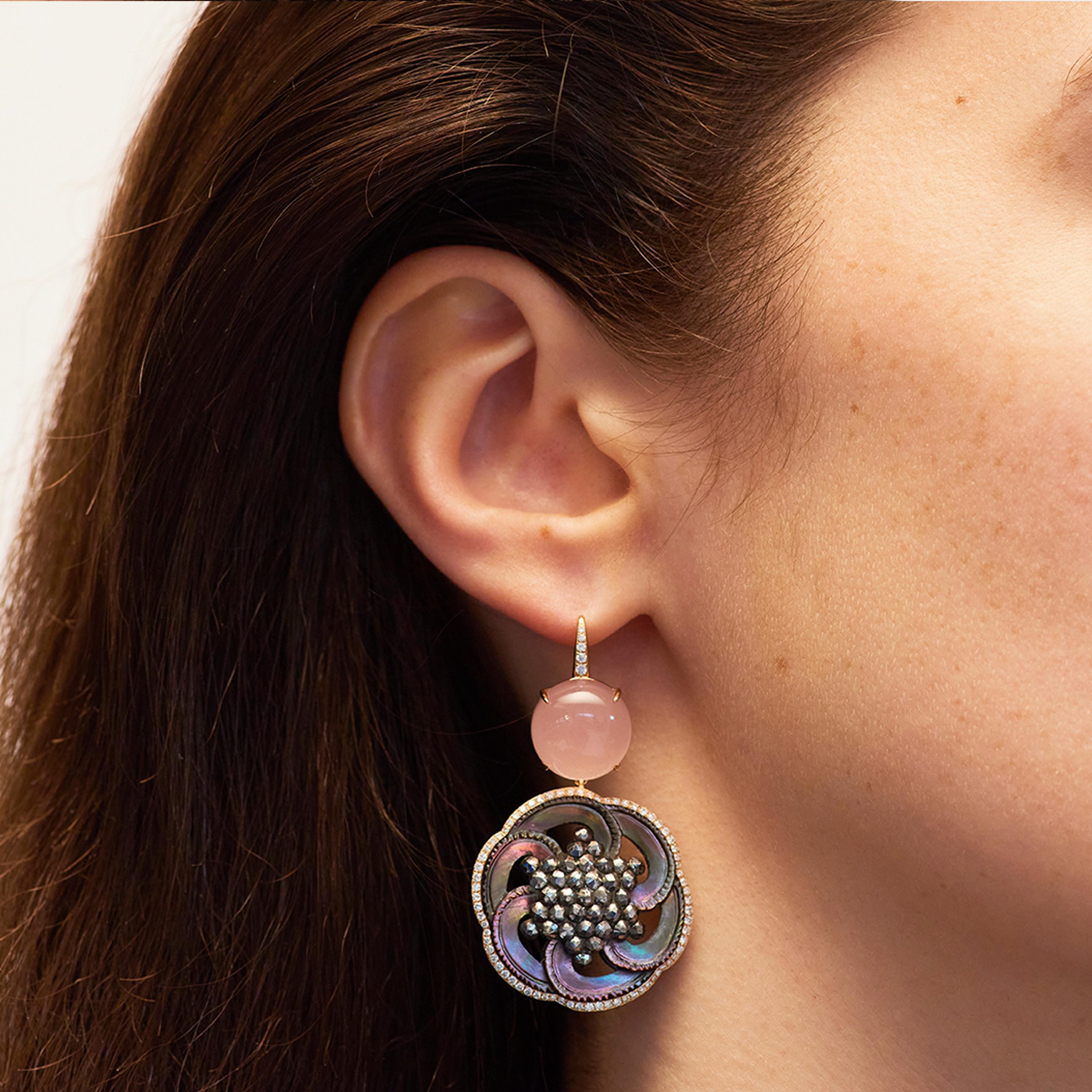 Set in 18 karat white gold (30g), Francesca Villa's black enamel earrings are decorated with diamonds (0.93cts) and rose quartz cabochons. Francesca Villa bought the vintage buttons in London many years ago.

For many years, Francesca Villa was