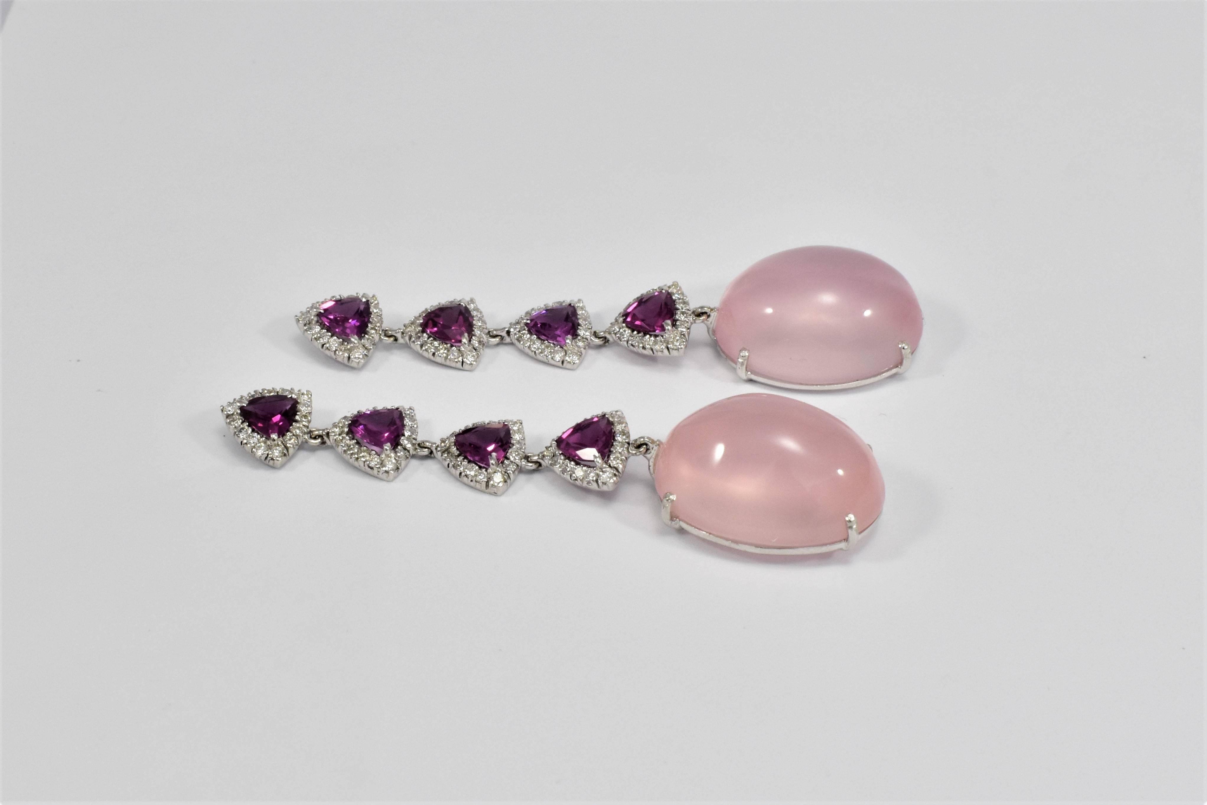 Modern 18 Karat White Gold Rose Quartz Purple Garnet and Diamond Drop Earrings  For Sale
