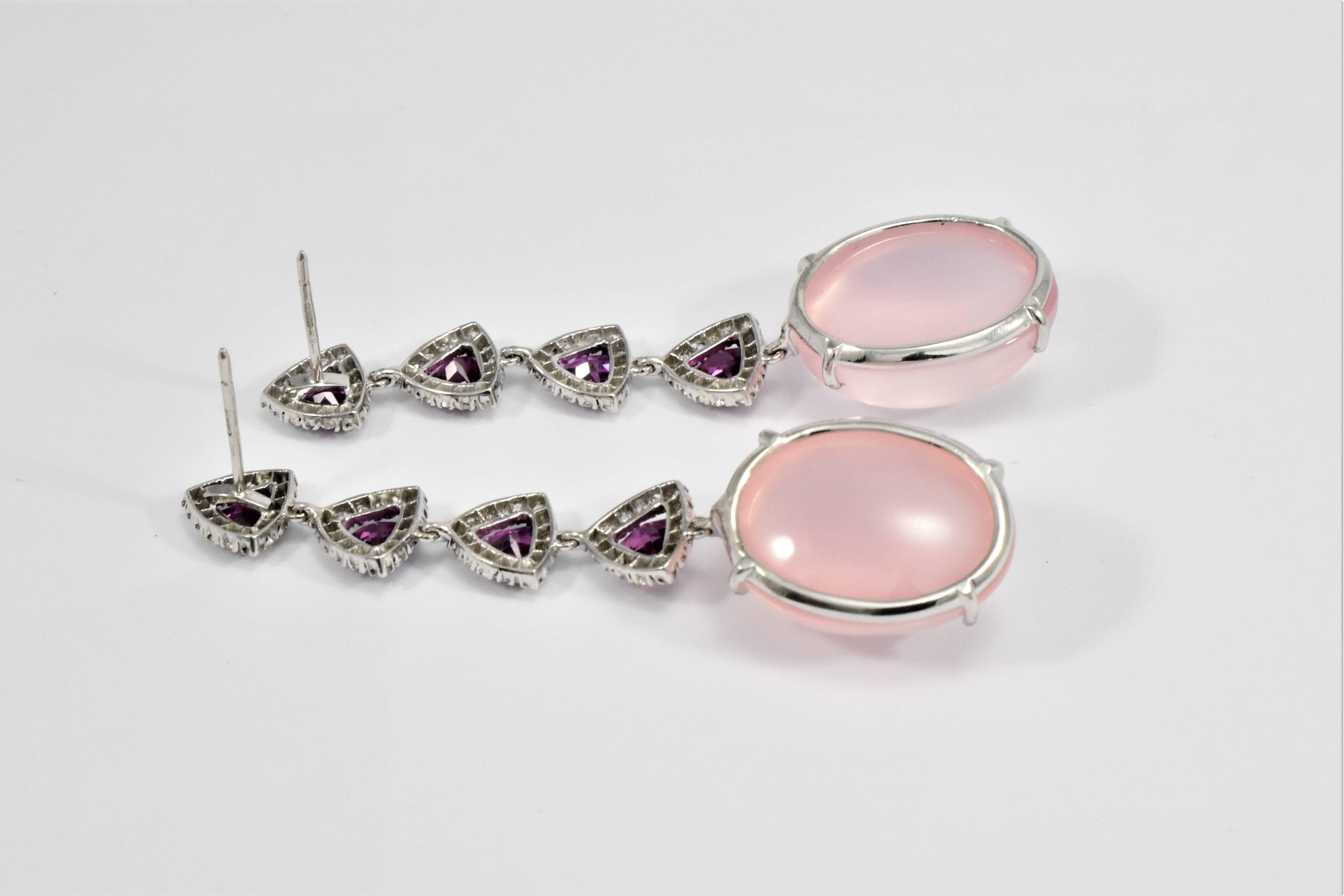 18 Karat White Gold Rose Quartz Purple Garnet and Diamond Drop Earrings  In New Condition For Sale In London, EMEA - British Isles