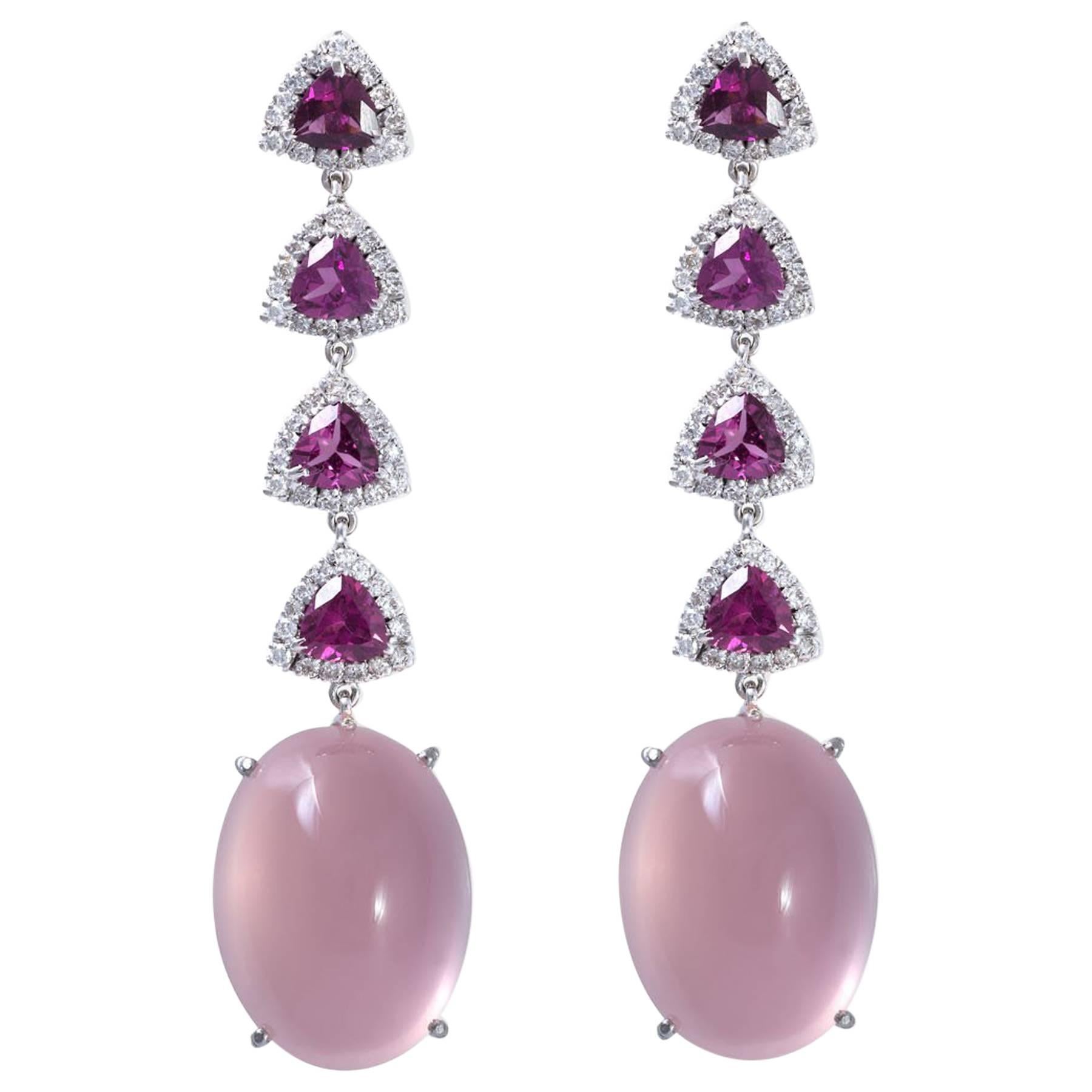 18 Karat White Gold Rose Quartz Purple Garnet and Diamond Drop Earrings  For Sale