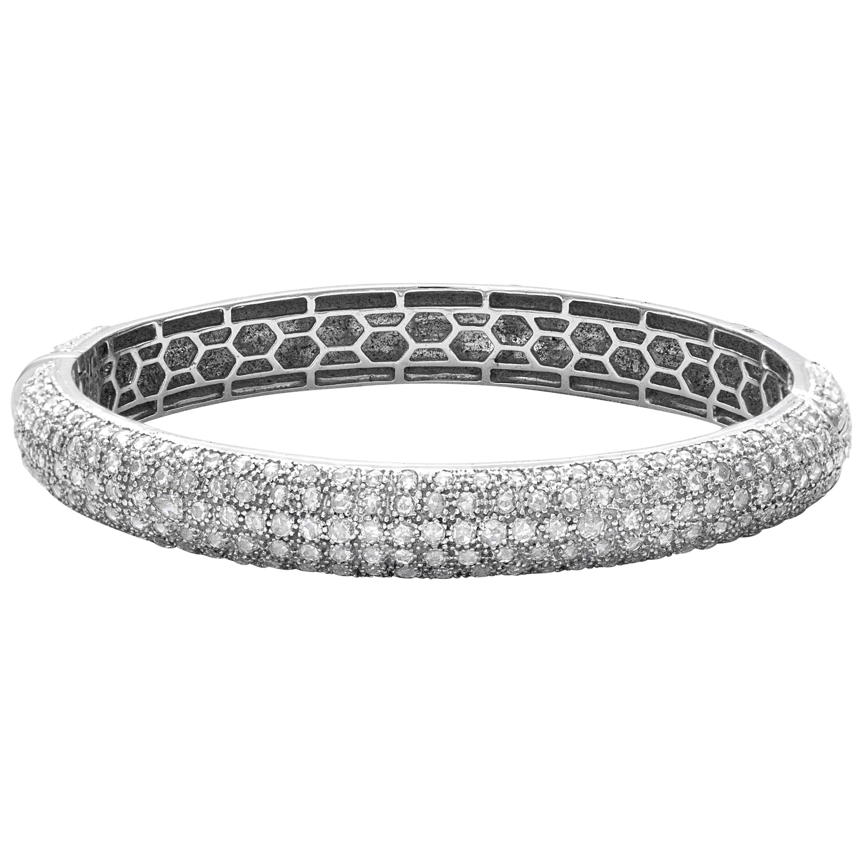 18 Karat White Gold Rosecut Diamond Cuff Bracelet For Sale
