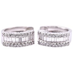 18 Karat White Gold Round and Baguette Cut Diamond Huggie Earrings