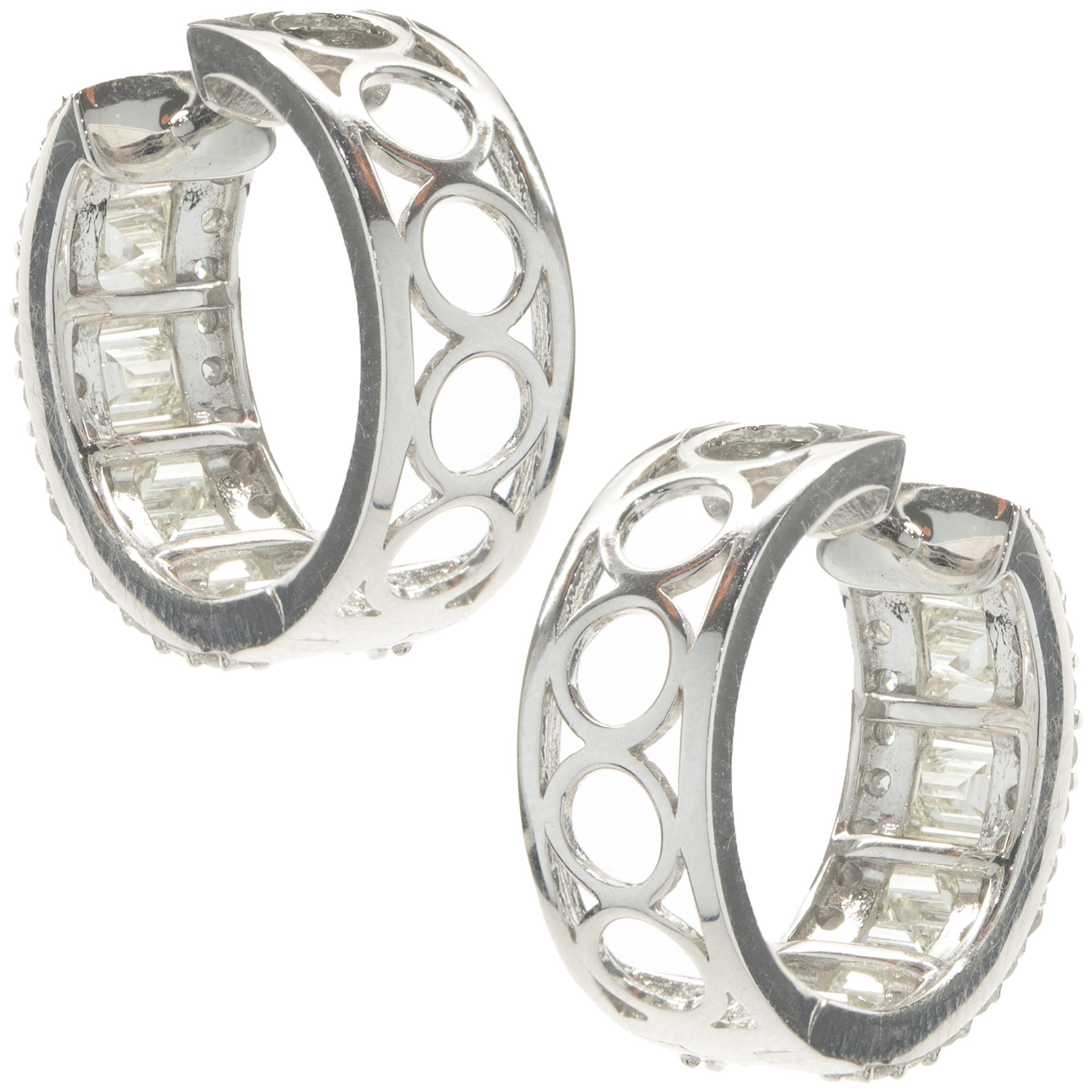 18 Karat White Gold Round and Baguette Cut Diamond Huggie Hoop Earrings In Excellent Condition For Sale In Scottsdale, AZ