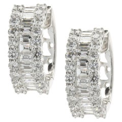 18 Karat White Gold Round and Baguette Cut Diamond Huggie Hoop Earrings