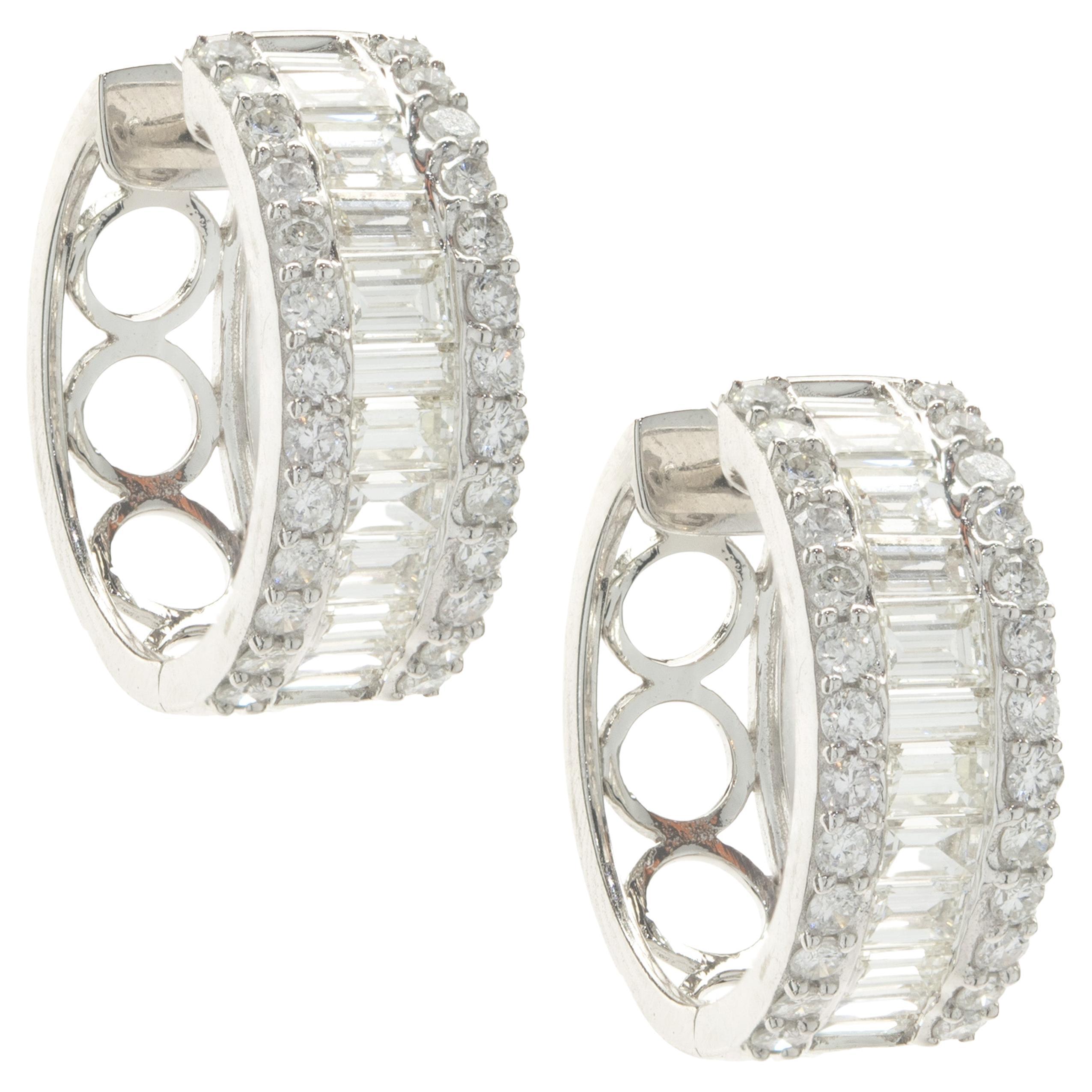 18 Karat White Gold Round and Baguette Cut Diamond Huggie Hoop Earrings For Sale