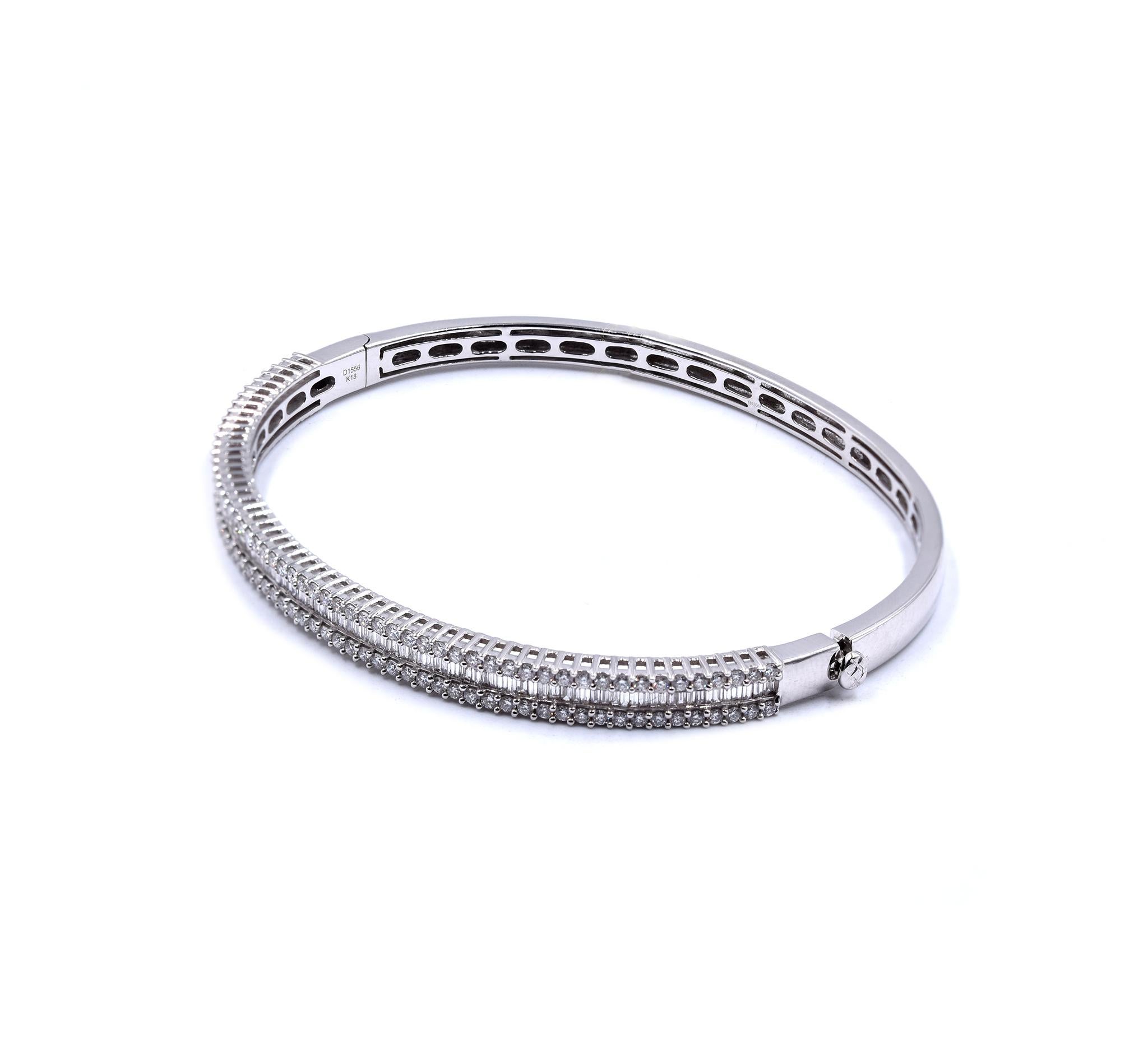 Designer: custom
Material: 18K white gold
Diamonds: 114 round brilliant cut = 1.03cttw
Color: G
Clarity: VS2
Diamonds: 99 baguette cut = .56cttw
Color: G
Clarity: VS2
Dimensions: bracelet will fit up to a 6.5-inch wrist
Weight: 14.27 grams
