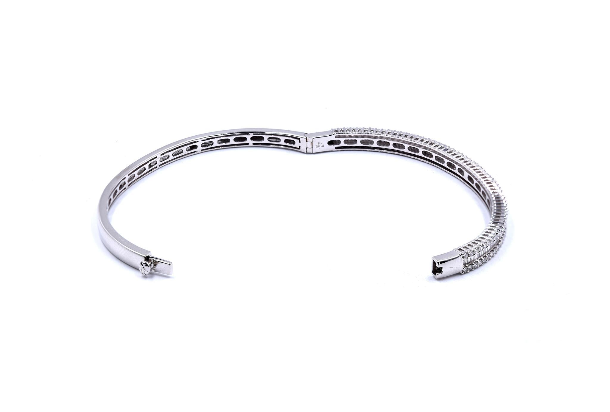 18 Karat White Gold Round and Baguette Diamond Bangle Bracelet In Excellent Condition In Scottsdale, AZ