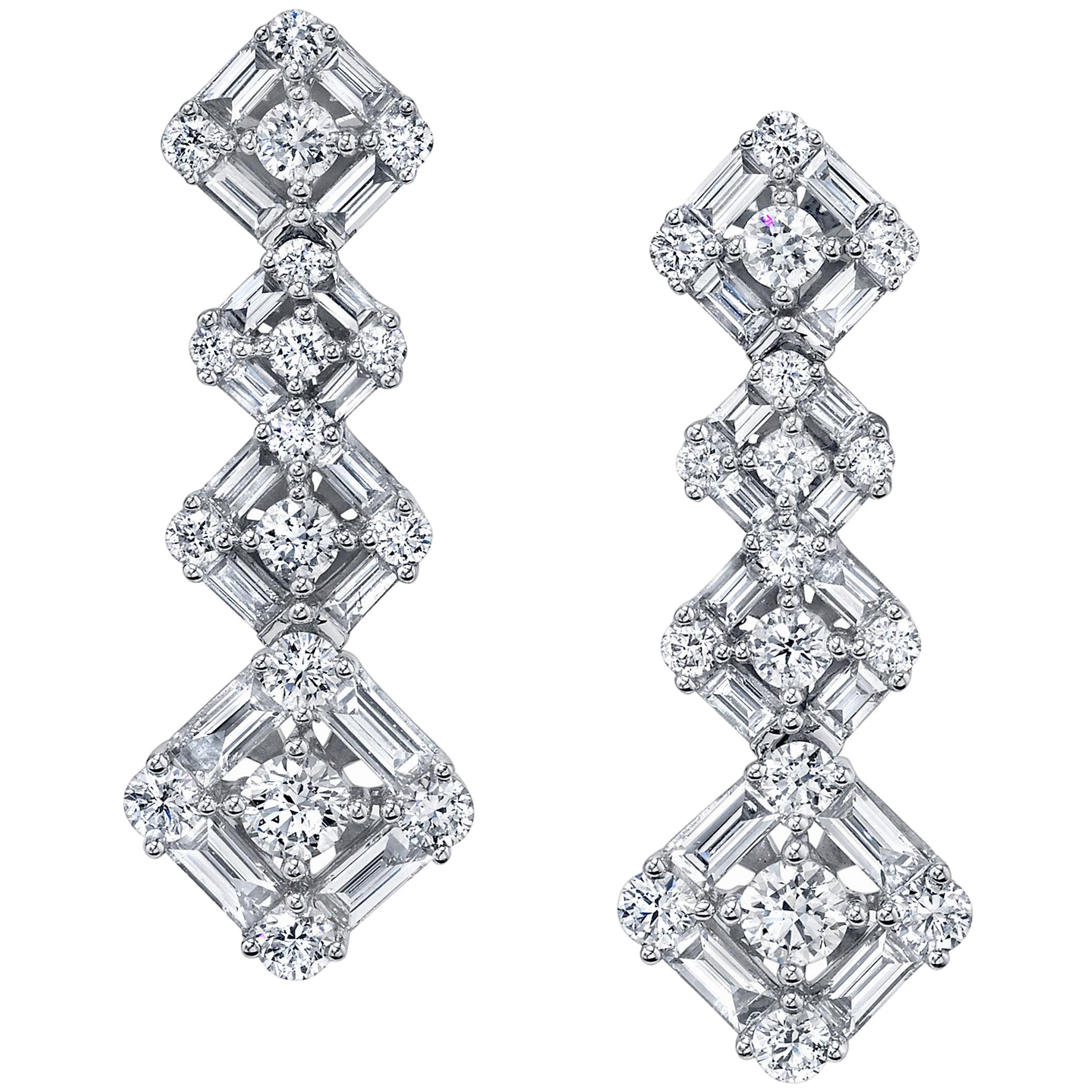 Baguette & Round Diamond Waterfall Dangle Earrings in White Gold, 1.83 ct. t.w. 