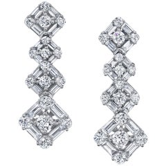 1.83 ct. t.w. Baguette & Round Diamond, 18k White Gold Waterfall Dangle Earrings