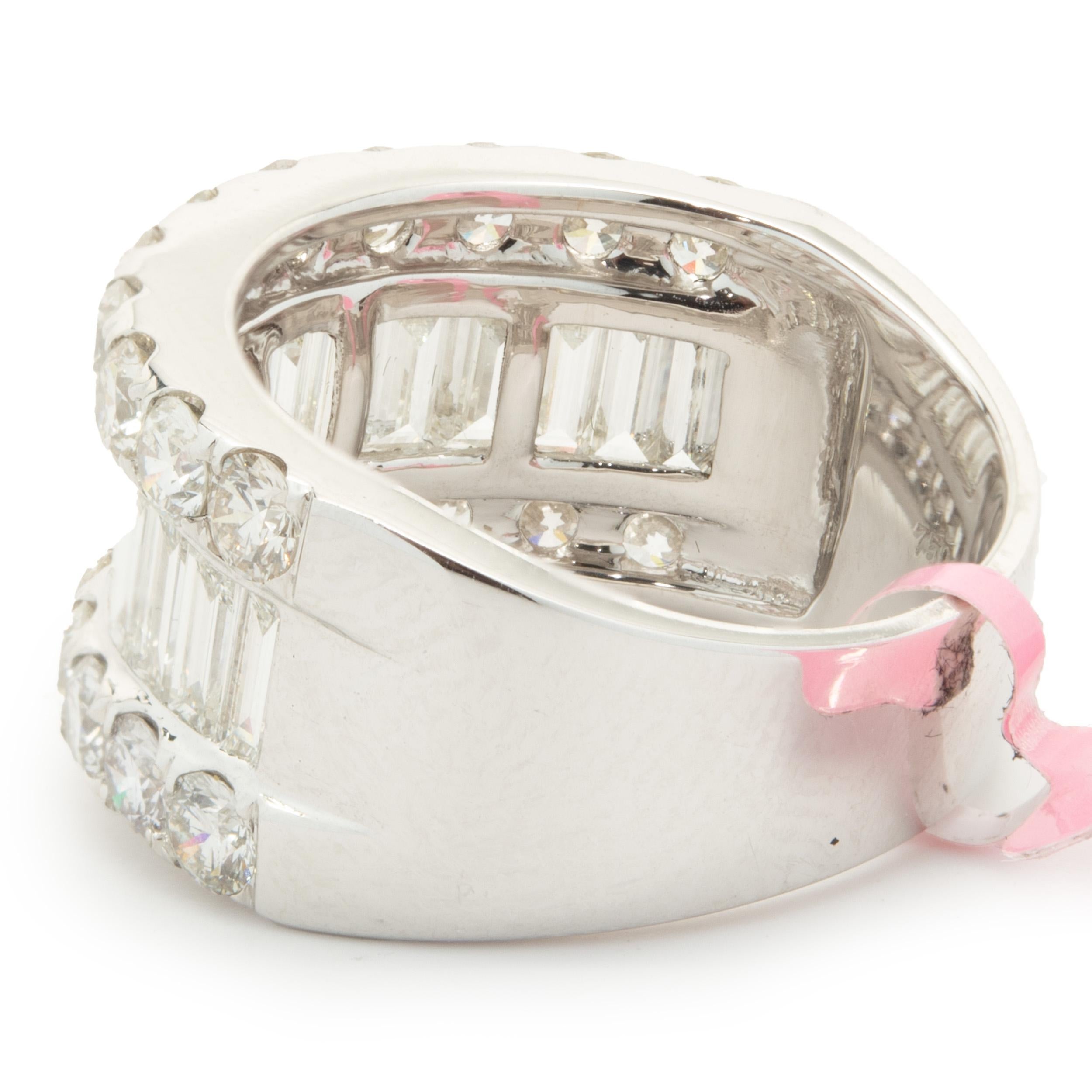 Round Cut 18 Karat White Gold Round and Baguette Diamond Eternity Band For Sale