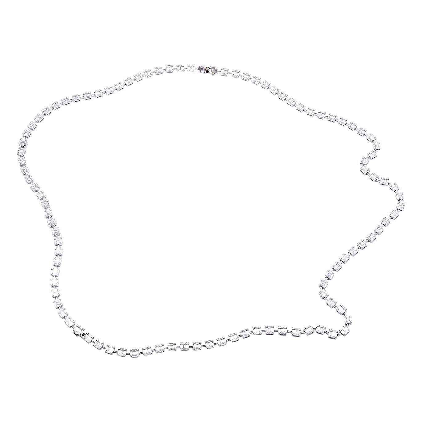 18 Karat White Gold Round and Baguette Diamond Link Necklace