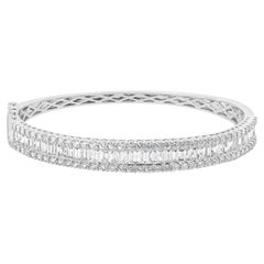 18 Karat White Gold Round and Baguette Diamond Three Row Bangle Bracelet