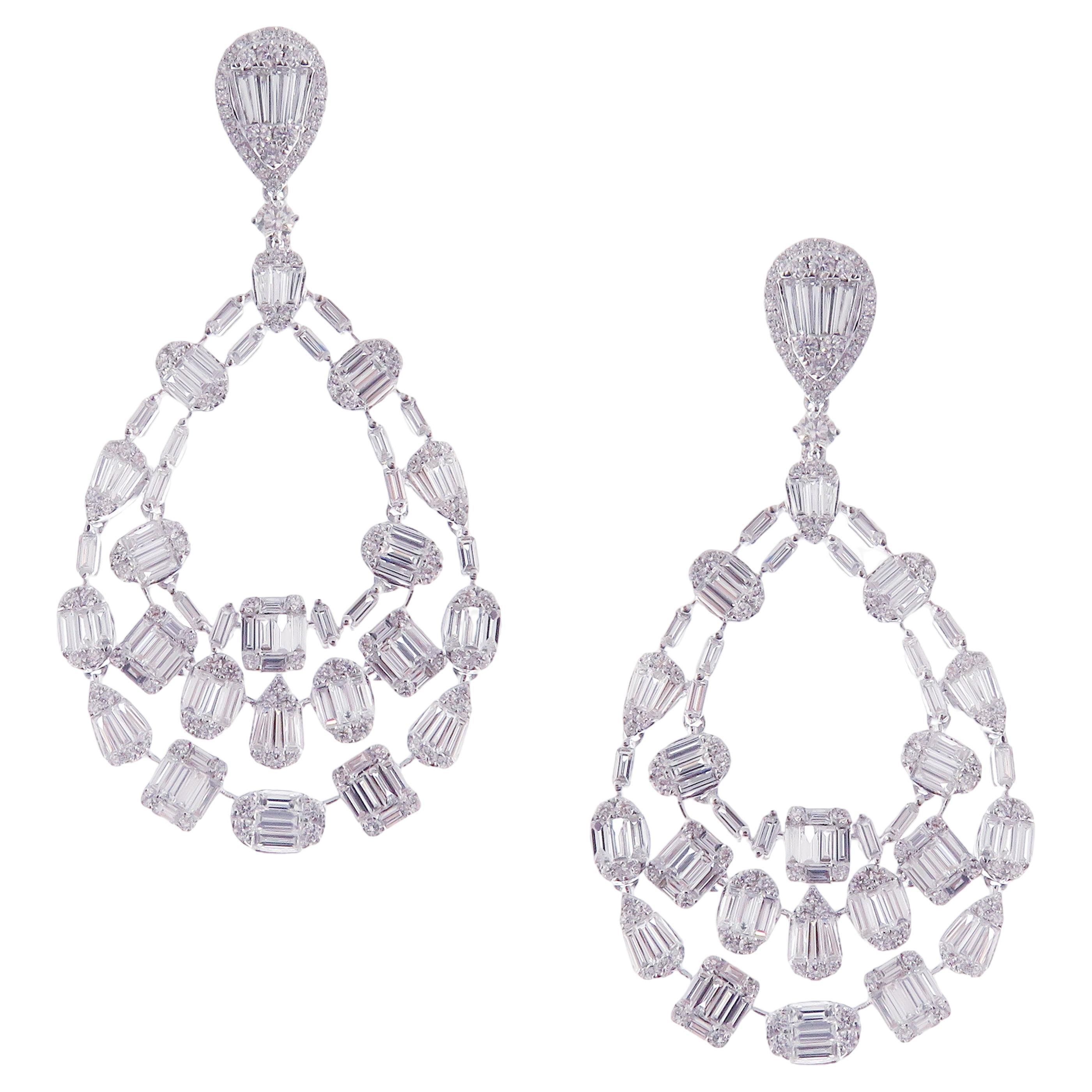 18-Karat White Gold Round and Baguette Diamonds Multi Shape Dangling Earrings