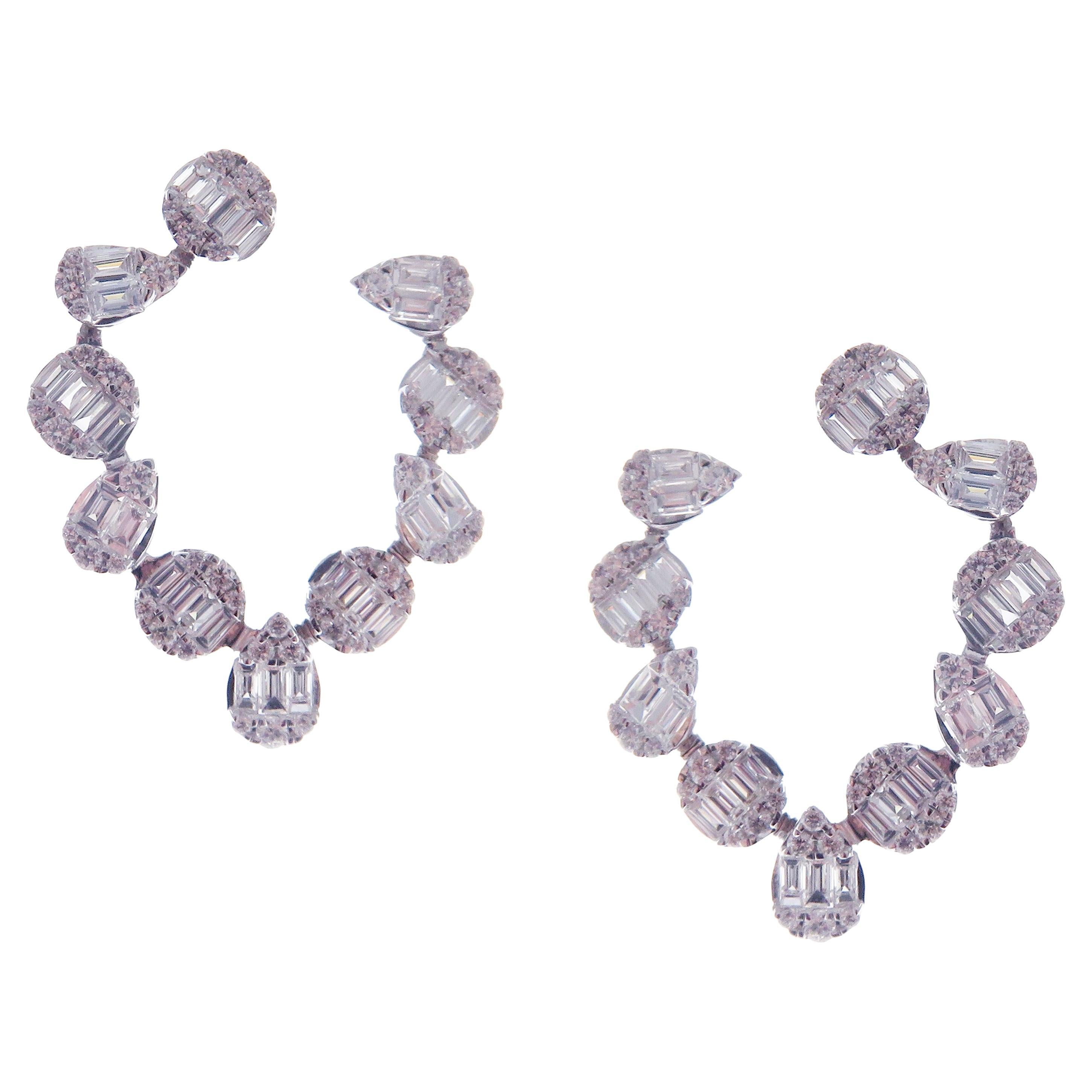 18-Karat White Gold Round and Baguette Diamonds Multi Shape Twisty Earrings For Sale