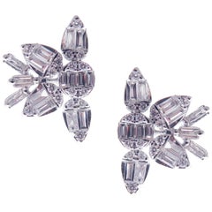 18-Karat White Gold Round and Baguette Diamonds Snowflake Stud Earrings