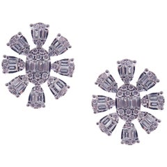18-Karat White Gold Round and Baguette Diamonds Snowflake Stud Earrings