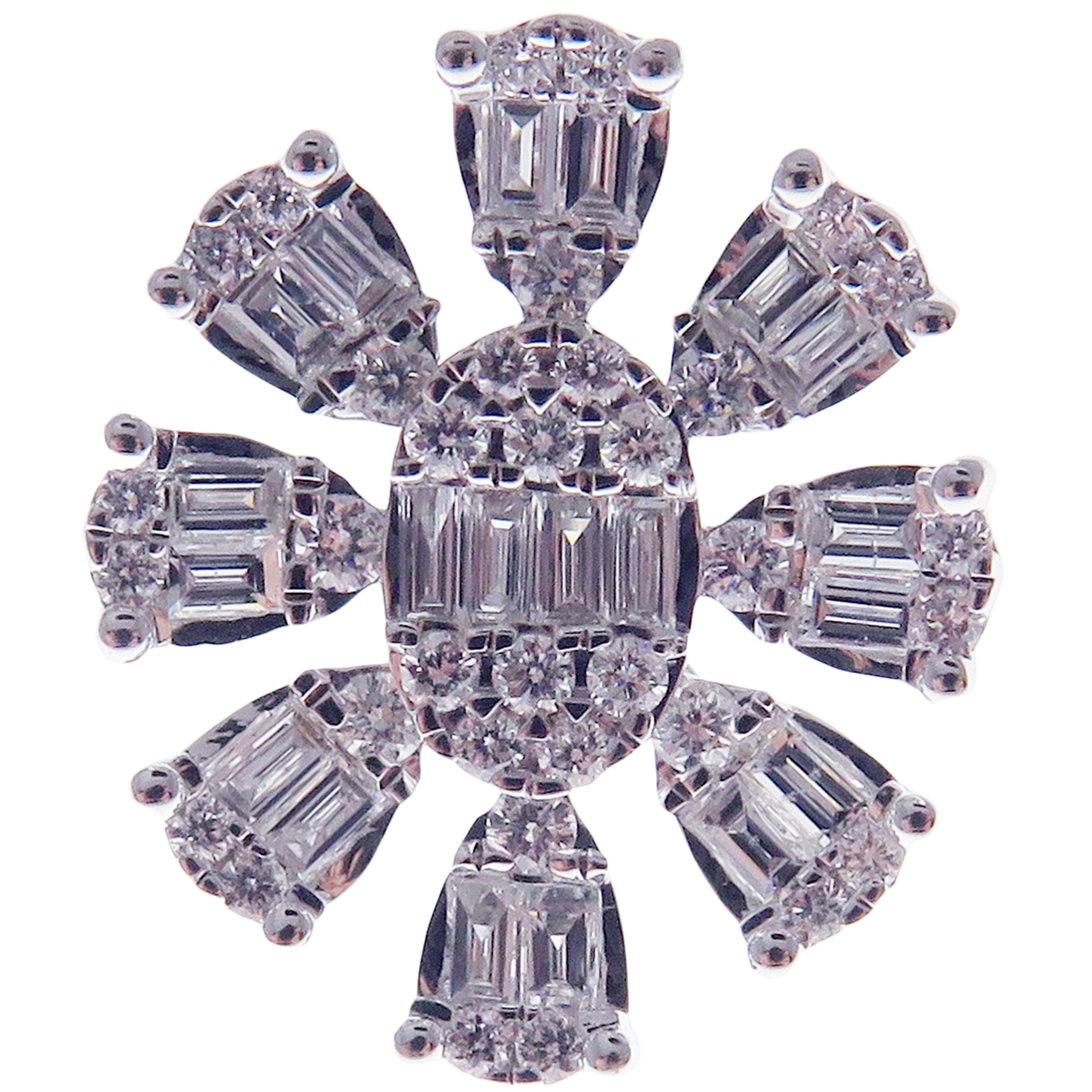 Baguette Cut 18-Karat White Gold Round and Baguette Diamonds Snowflake Stud Earrings For Sale