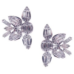 18-Karat White Gold Round and Baguette Diamonds Snowflake Stud Earrings
