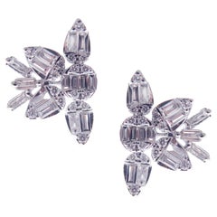 18-Karat White Gold Round and Baguette Diamonds Snowflake Stud Earrings