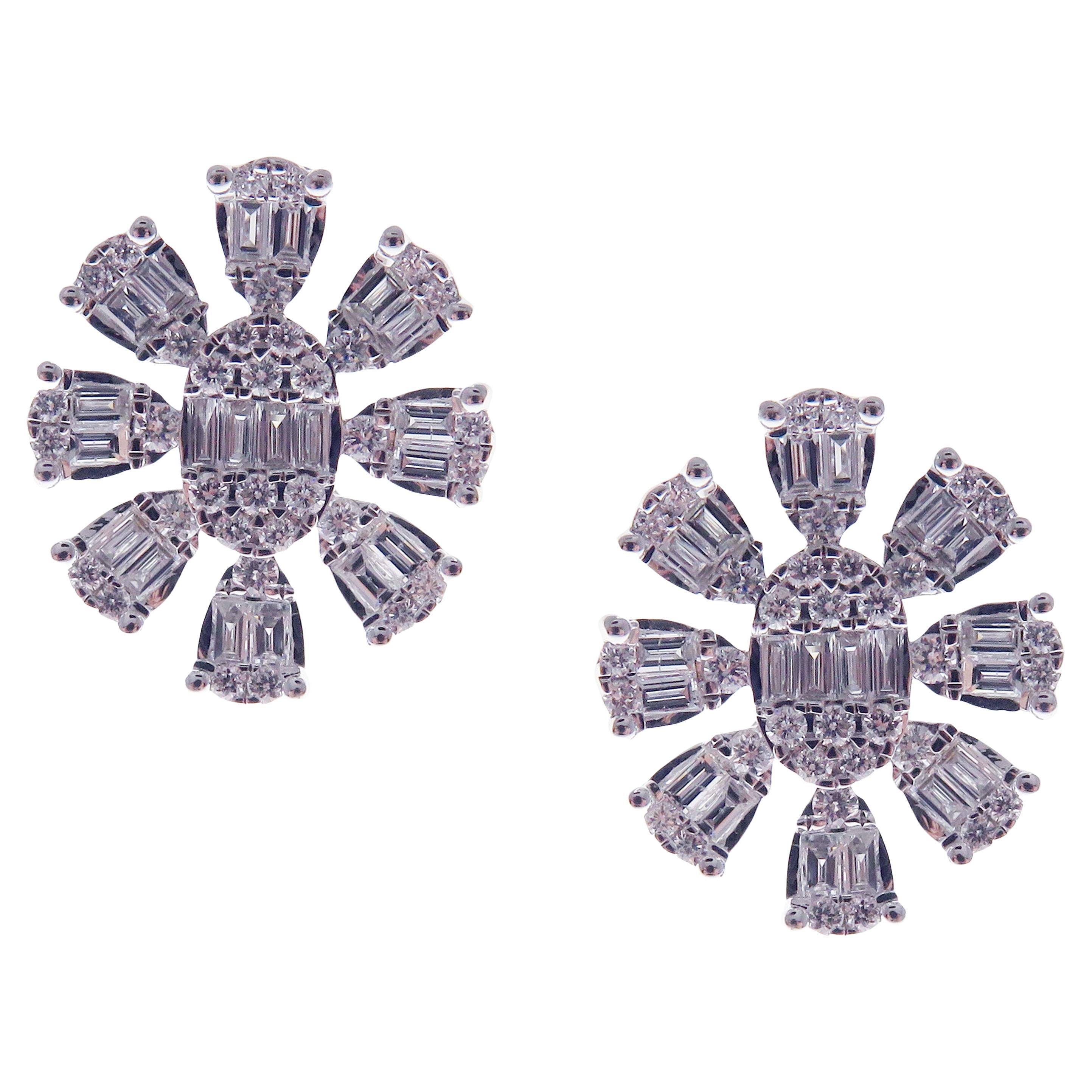18-Karat White Gold Round and Baguette Diamonds Snowflake Stud Earrings For Sale