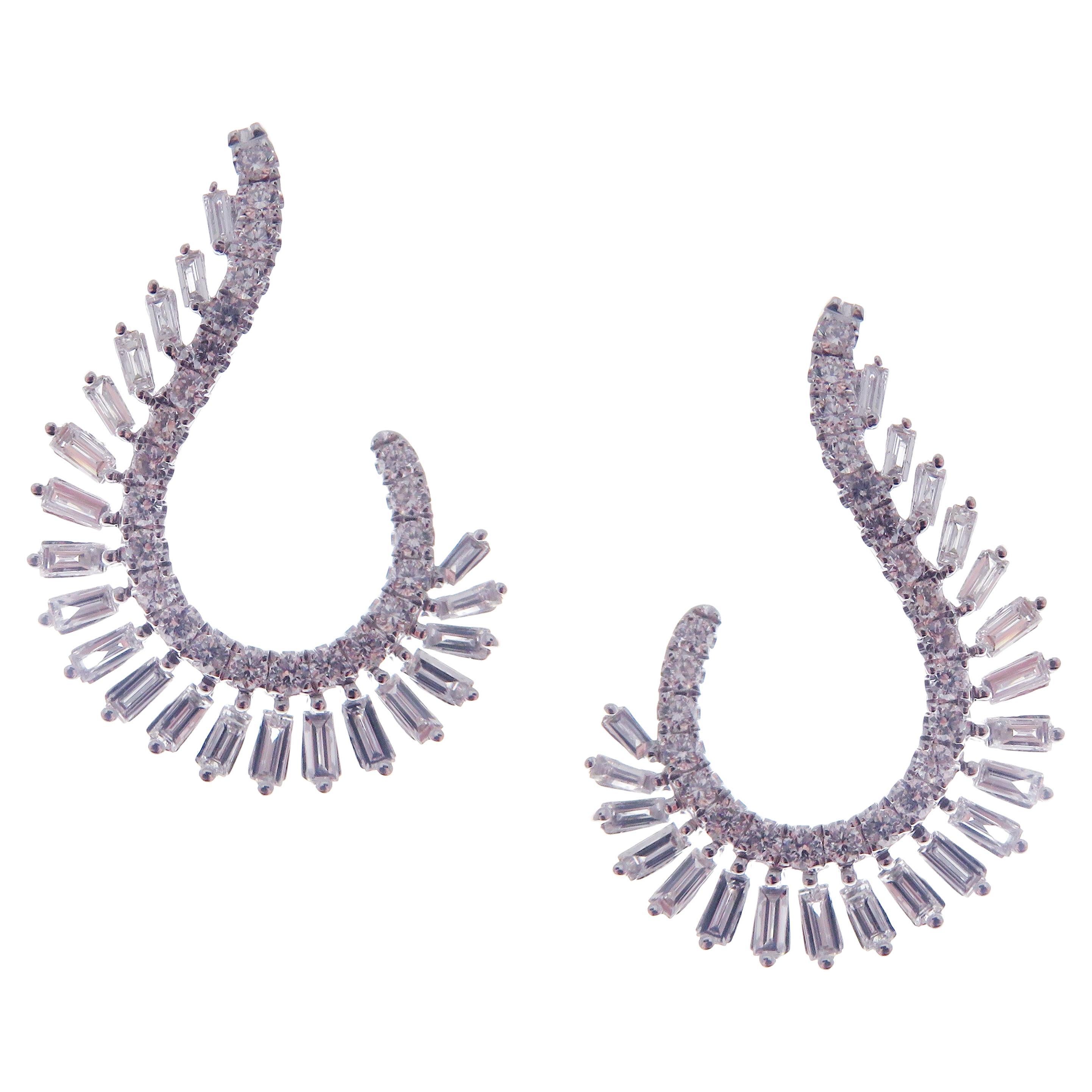 18-Karat White Gold Round and Baguette Diamonds Twisty Wings Earrings For Sale