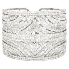 18 Karat White Gold Round and Baguette Wide Diamond Mosaic Cuff Bangle Bracelet