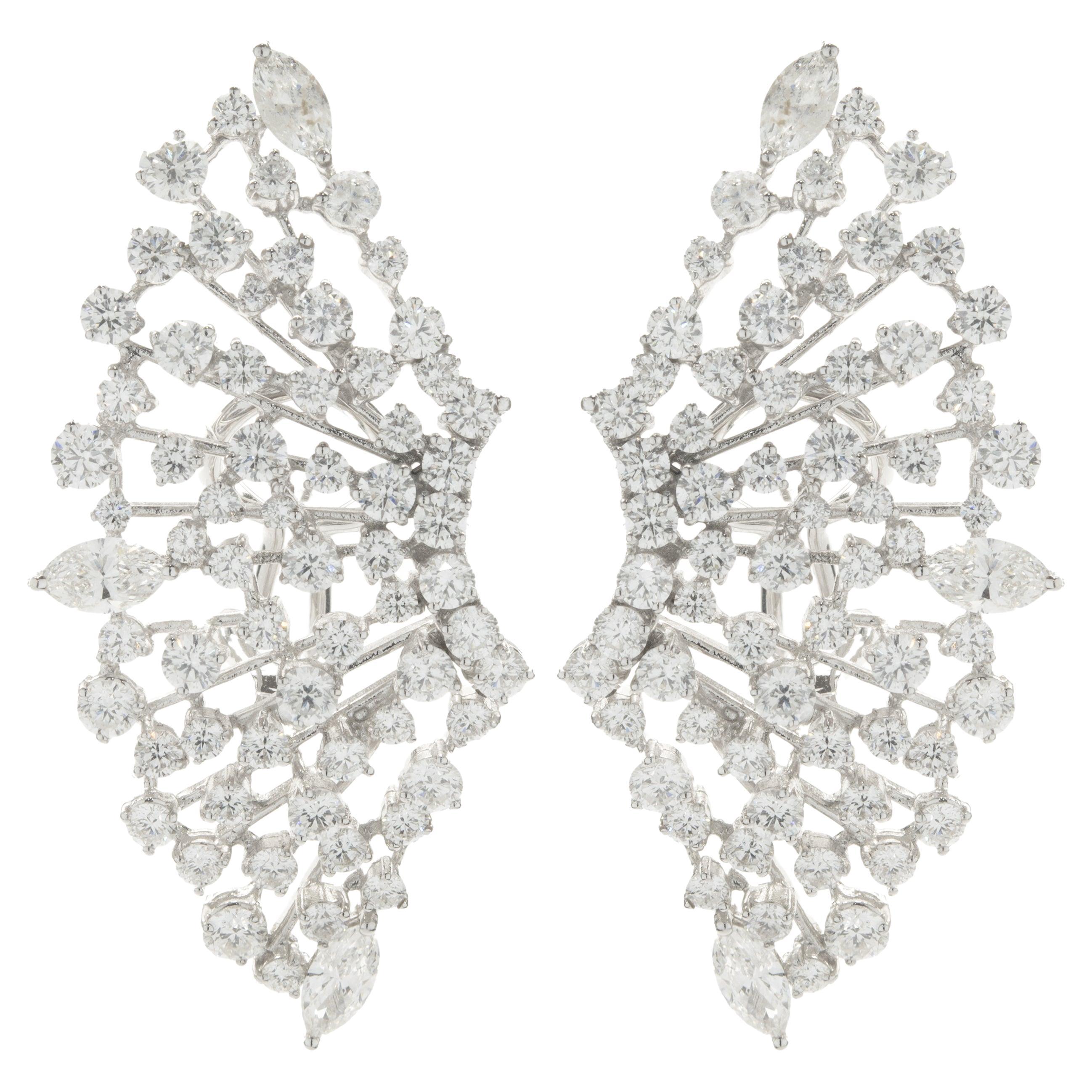 18 Karat White Gold Round and Marquise Cut Diamond Starburst Earrings For Sale