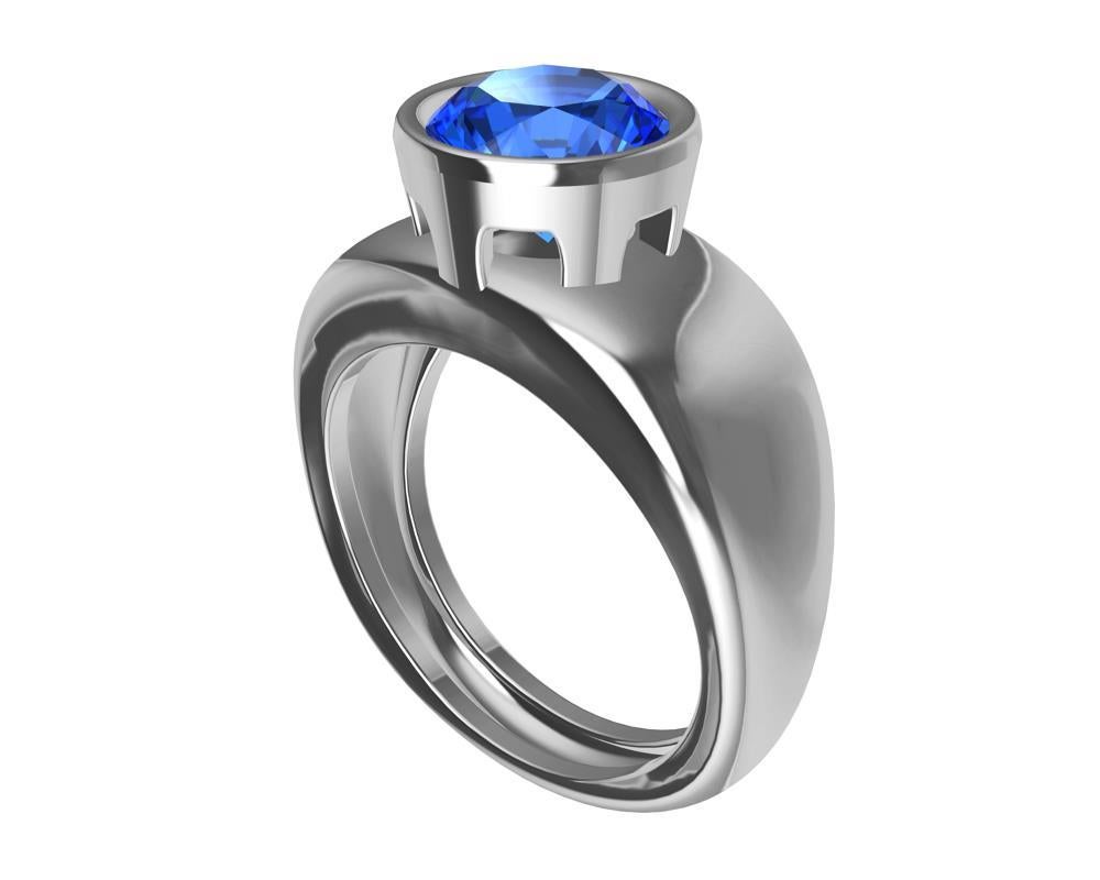 18 Karat White Gold Round Blue Sapphire 2.69 Carat Sculpture Ring 4