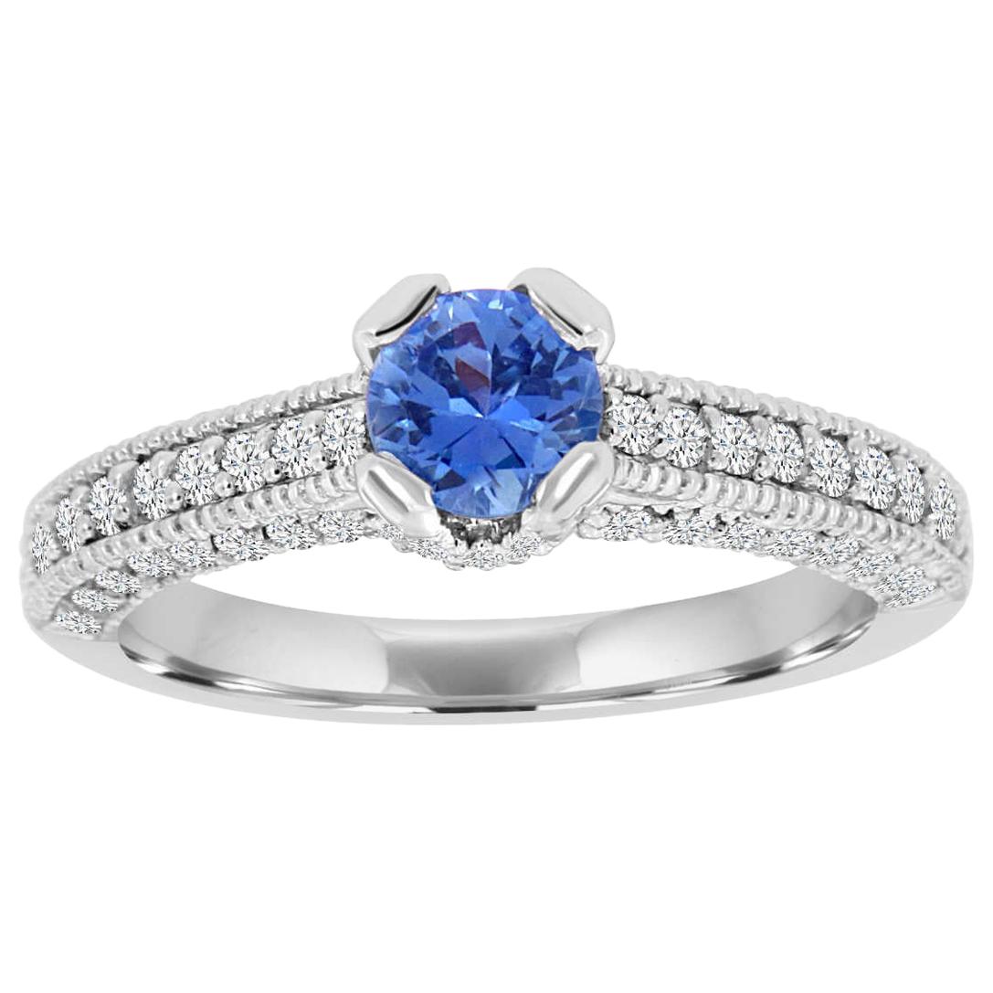 18 Karat White Gold Round Blue Sapphire and Diamond Ring 'Center-0.63 Carat' For Sale